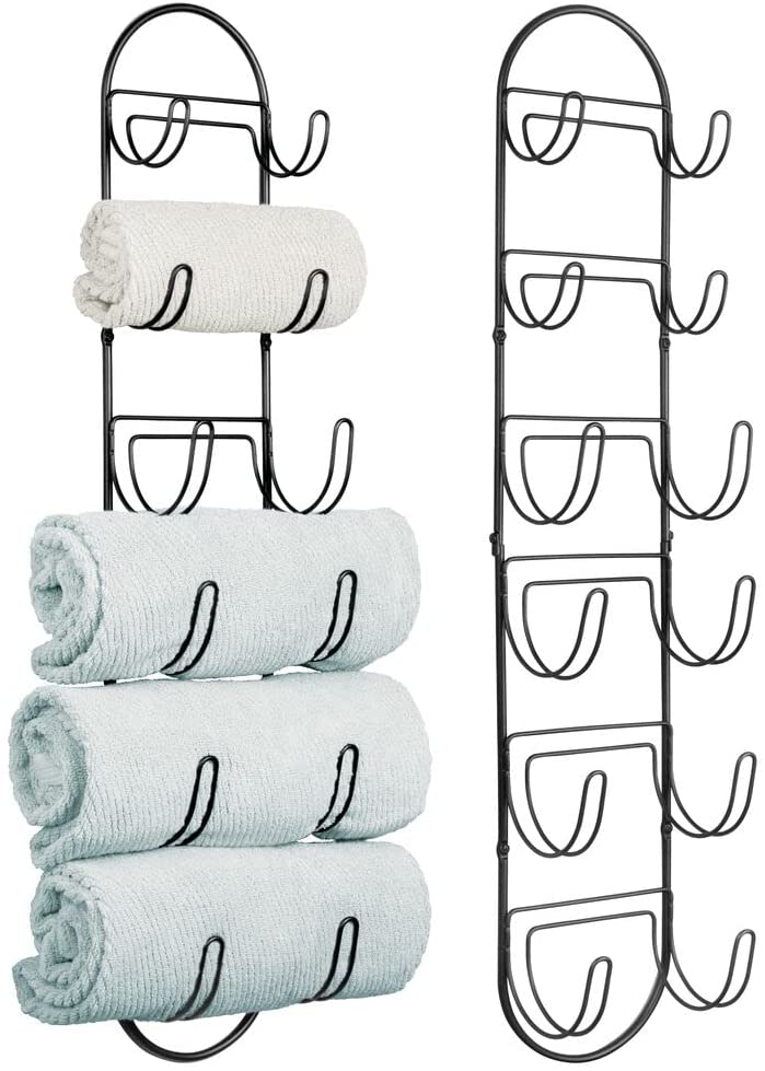 mDesign Steel Wall Mount Towel Rack with 6 Compartments - Towel Holder and Towel Storage Shelf Organizer for Bathroom, Powder Room - Concerto Collection - 2 Pack - Soft Brass