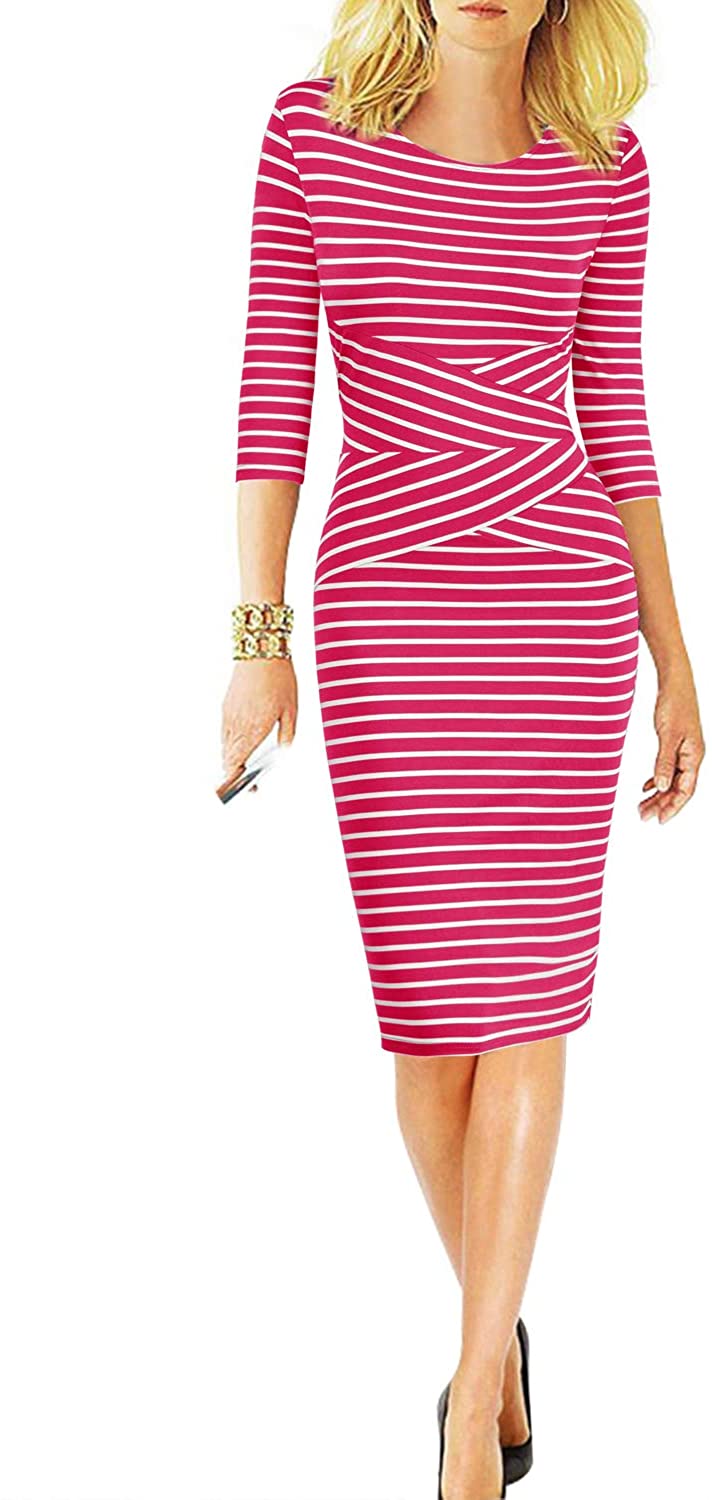 Women 3/4 Sleeve Striped Wear to Work Business Cocktail Pencil Dress
