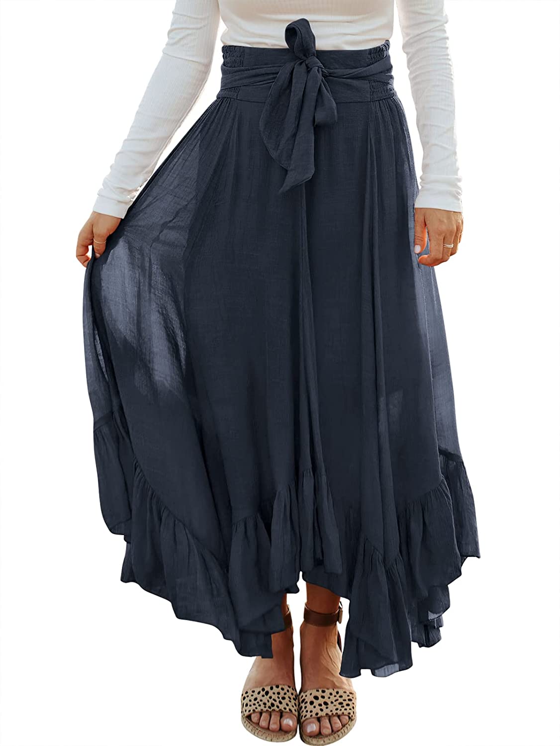 Women’s Maxi Skirt High Waist Tie Front Pleated Flowy Ruffle Asymmetric Long Skirts