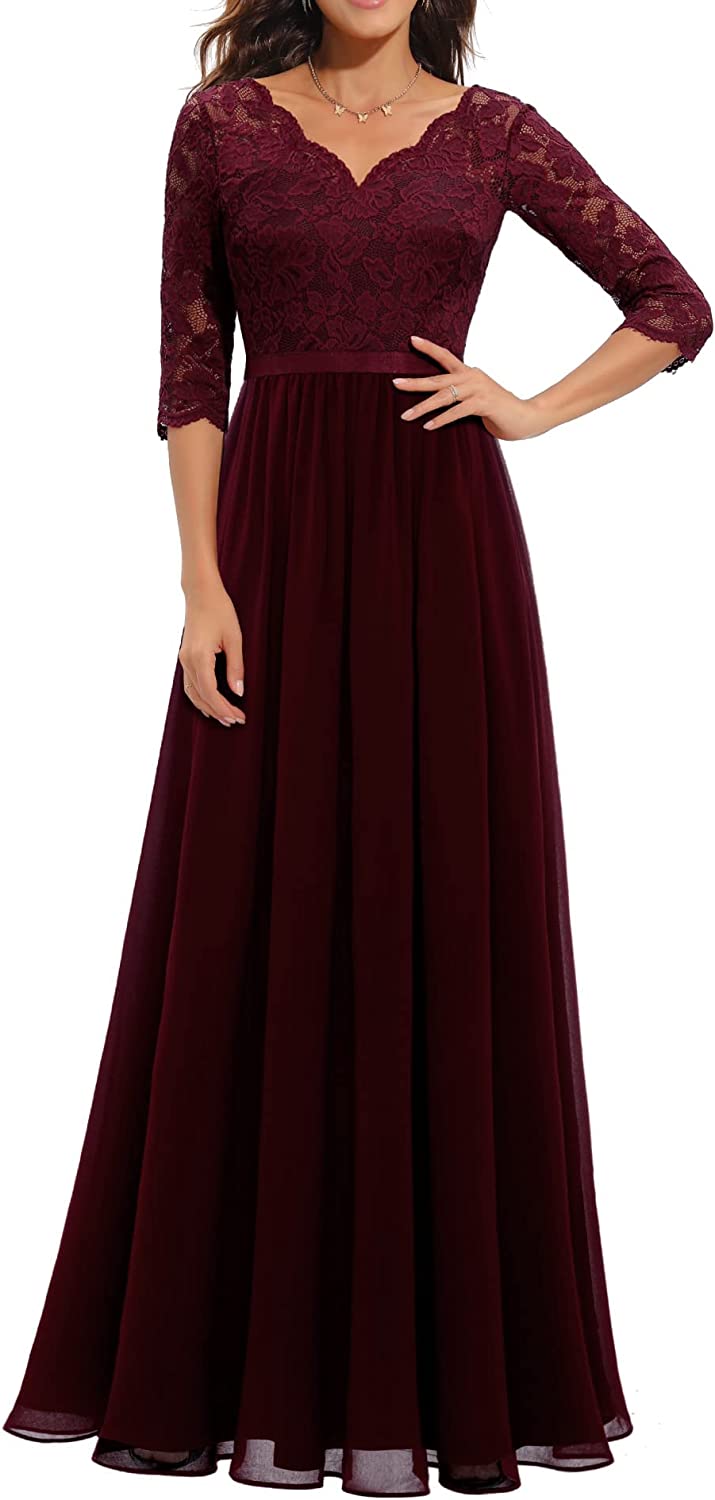 Women's Formal Floral Lace Maxi Dress Evening Party Elegant V-Neck Dresses for Wedding Guest
