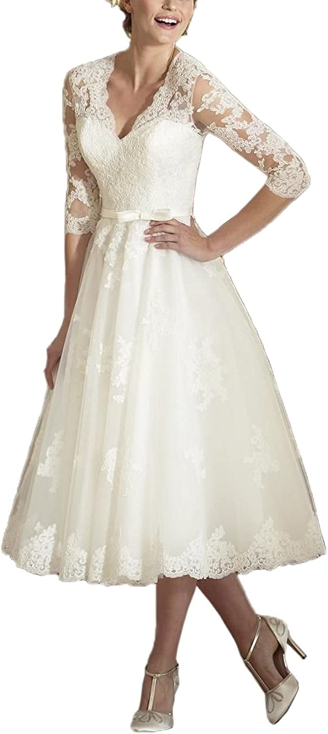 Women's V Neck Long Sleeves Tea Length Short Wedding Dress