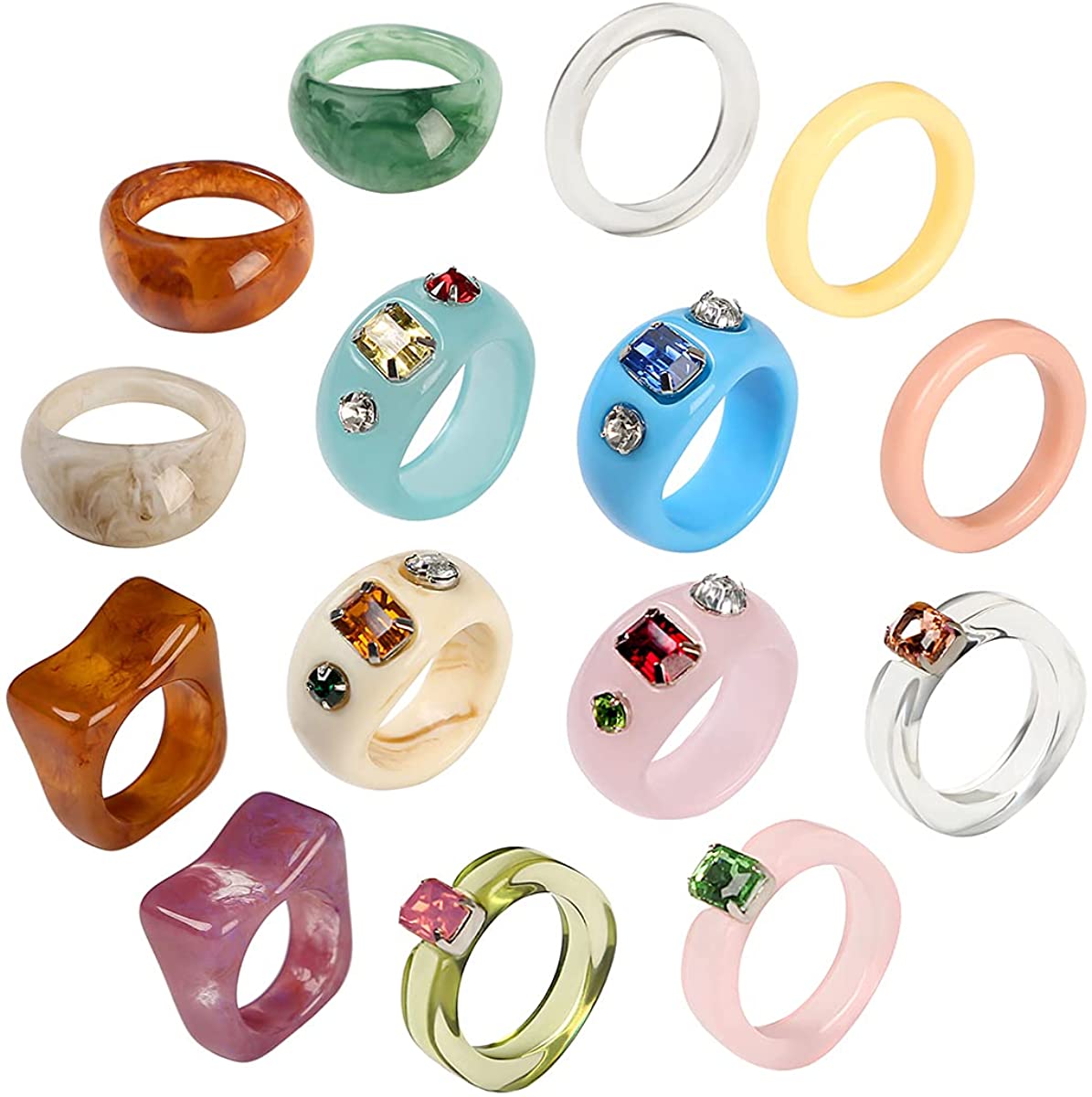 20 Pcs Resin Rings Acrylic Cute Trendy Rings Colorful Rhinestone Rings Jewelry Plastic Resin Square Gem Stackable Chunky Ring for Women Girls
