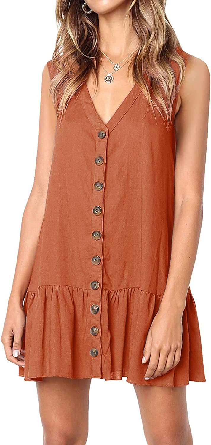 Womens Polka Dot V Neck Button Down Ruffles Loose Mini Short T-Shirt Dress