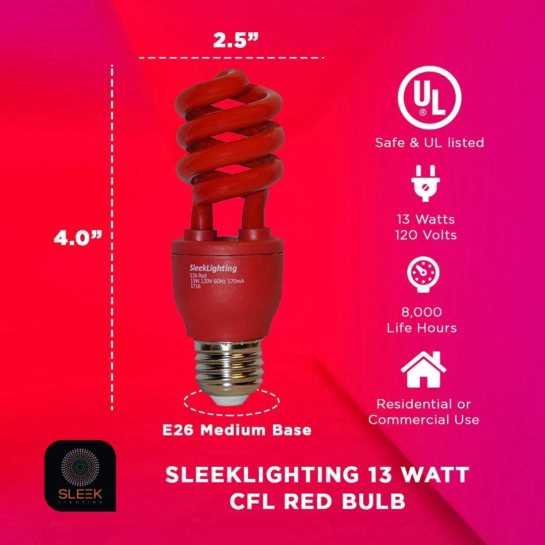SleekLighting 13 Watt Red Bug Light Bulbs for Outdoor – General Purpose Spiral CFL Red Light Bulbs- UL Approved- Uses 13 Watts of Energy, 120 Volts, E26 Medium Base. (Pack of 2)