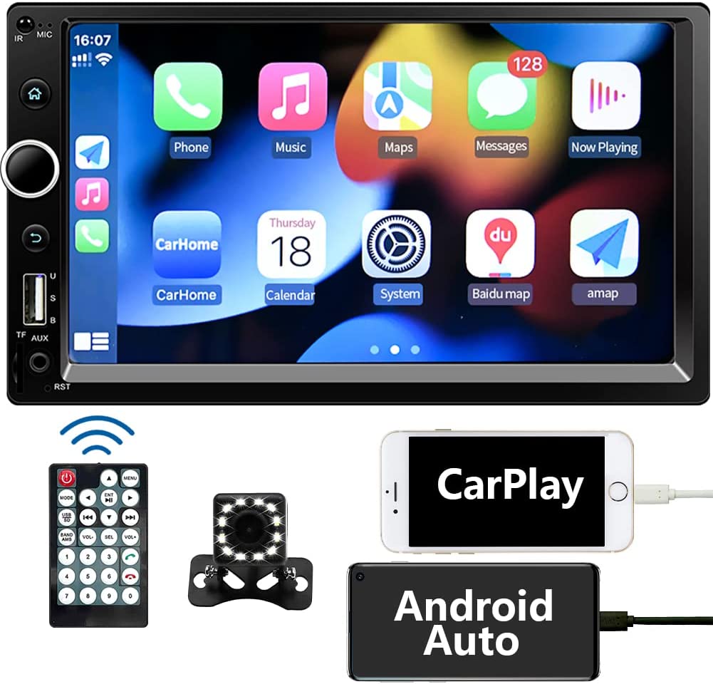 7" Car Stereo Double Din Touch Screen Car Radio Audio Receiver FM Radio Bluetooth Video Remote Control MP5/4/3 Player Android iPhone Mirror Link USB/SD/AUX Hands Free Calling with Camera