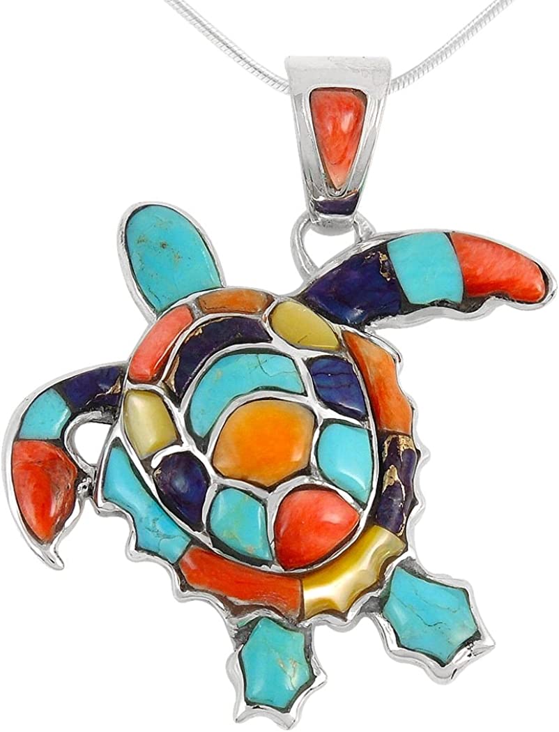 Turtle Pendant Necklace in Sterling Silver 925 & Genuine Gemstones