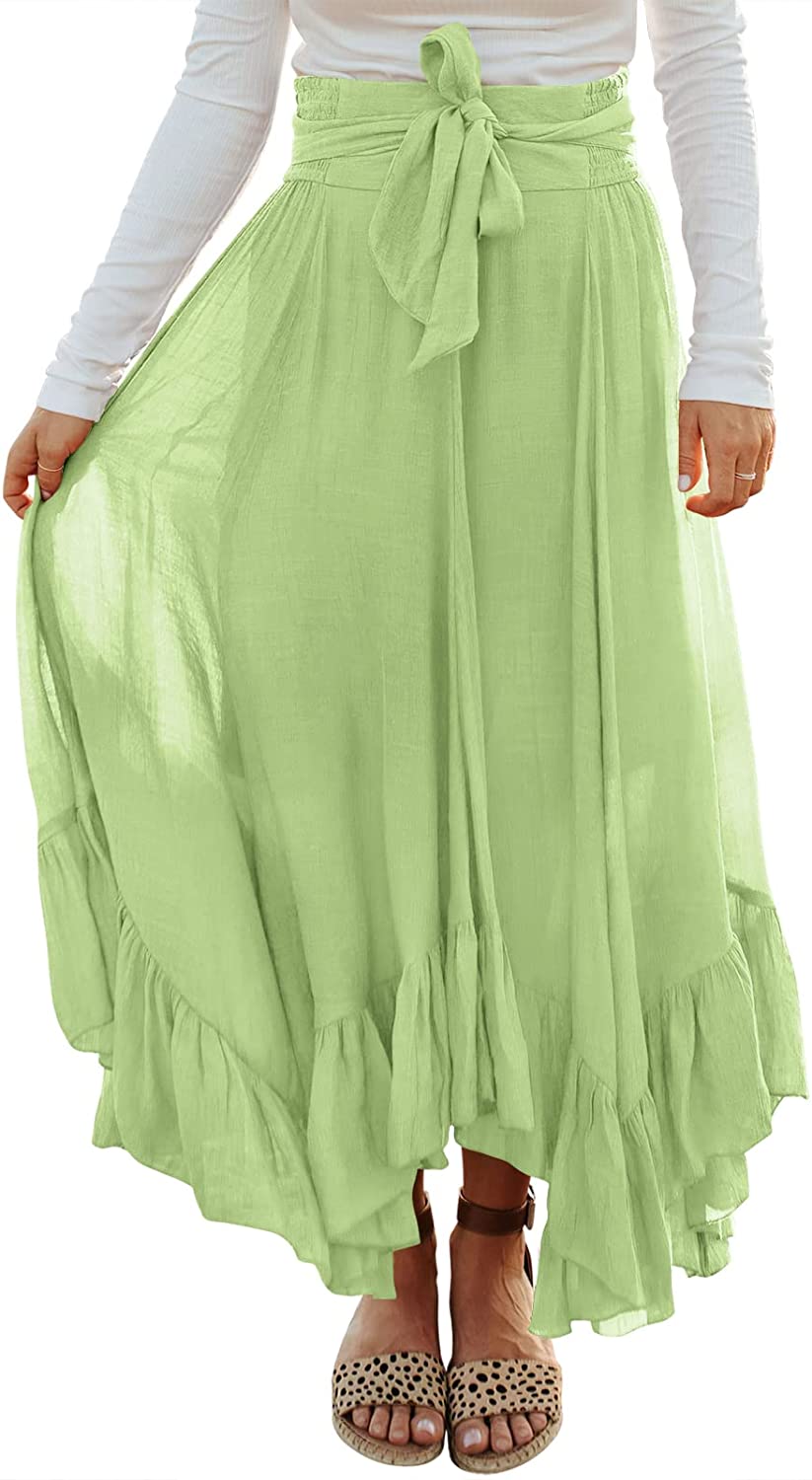 Women’s Maxi Skirt High Waist Tie Front Pleated Flowy Ruffle Asymmetric Long Skirts