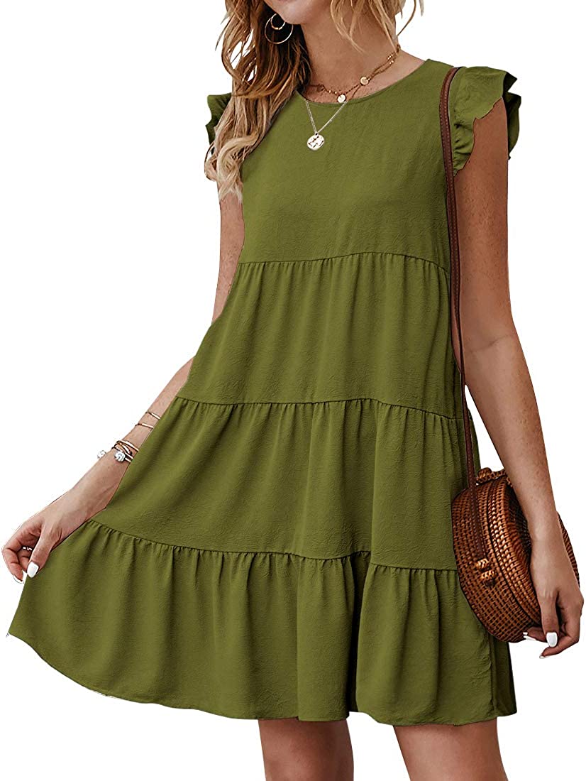 Women’s Summer Dress Sleeveless Ruffle Sleeve Round Neck Mini Dress Solid Color Loose Fit Short Flowy Pleated Dress