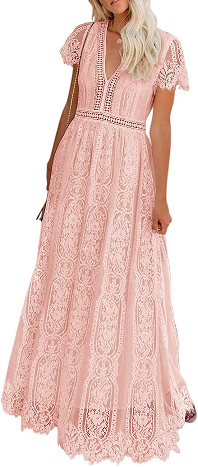Women's V Neck Short Sleeve Floral Lace Wedding Dress Bridesmaid Cocktail Party Maxi Dress