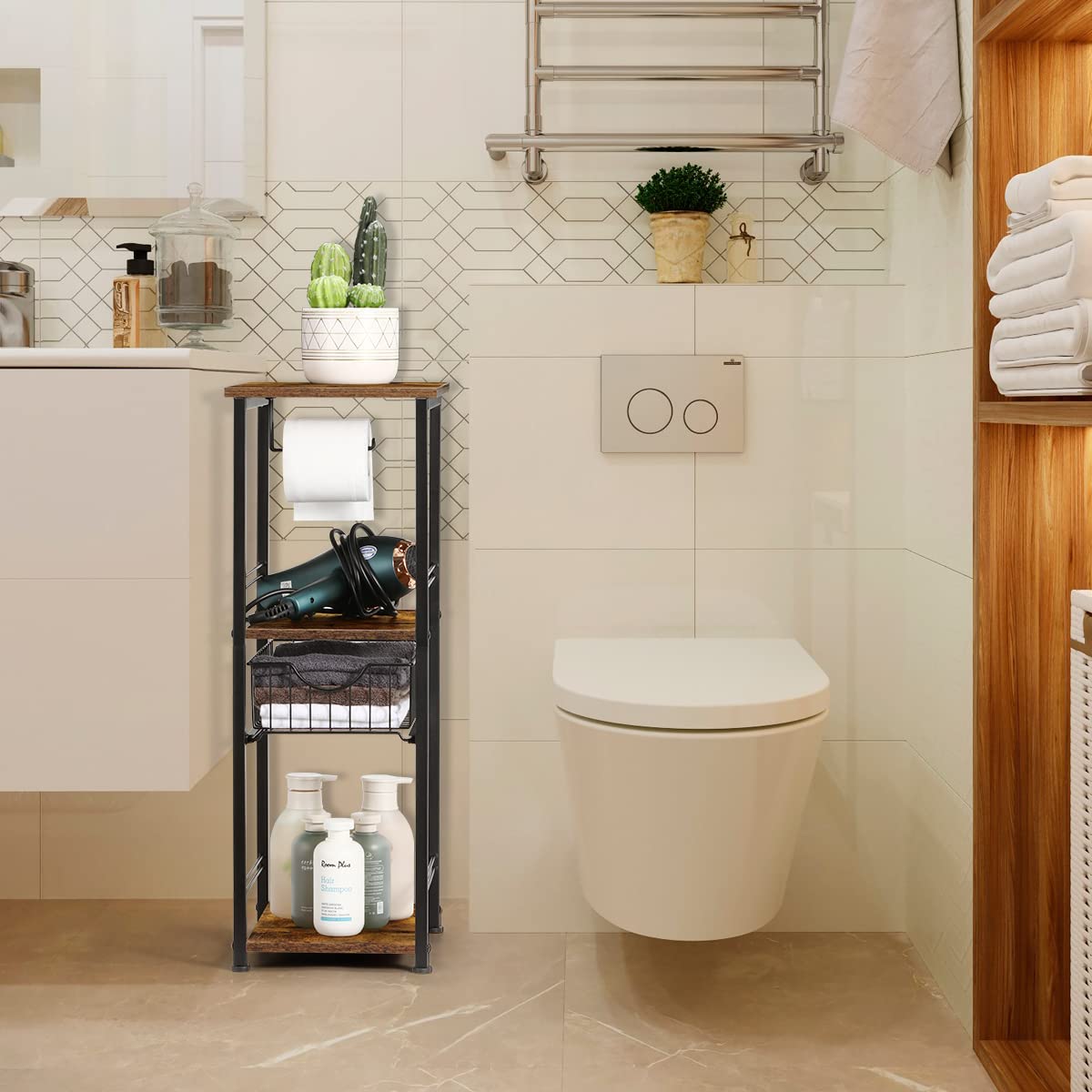 Toilet Paper Cabinet, 4 Tier Small Bathroom Storage Cabinet, Narrow Bathroom Cabinet for Small Spaces and Corner, Toilet Paper Holder with 1 Drawer and 3 Shelves(Rustic Brown)
