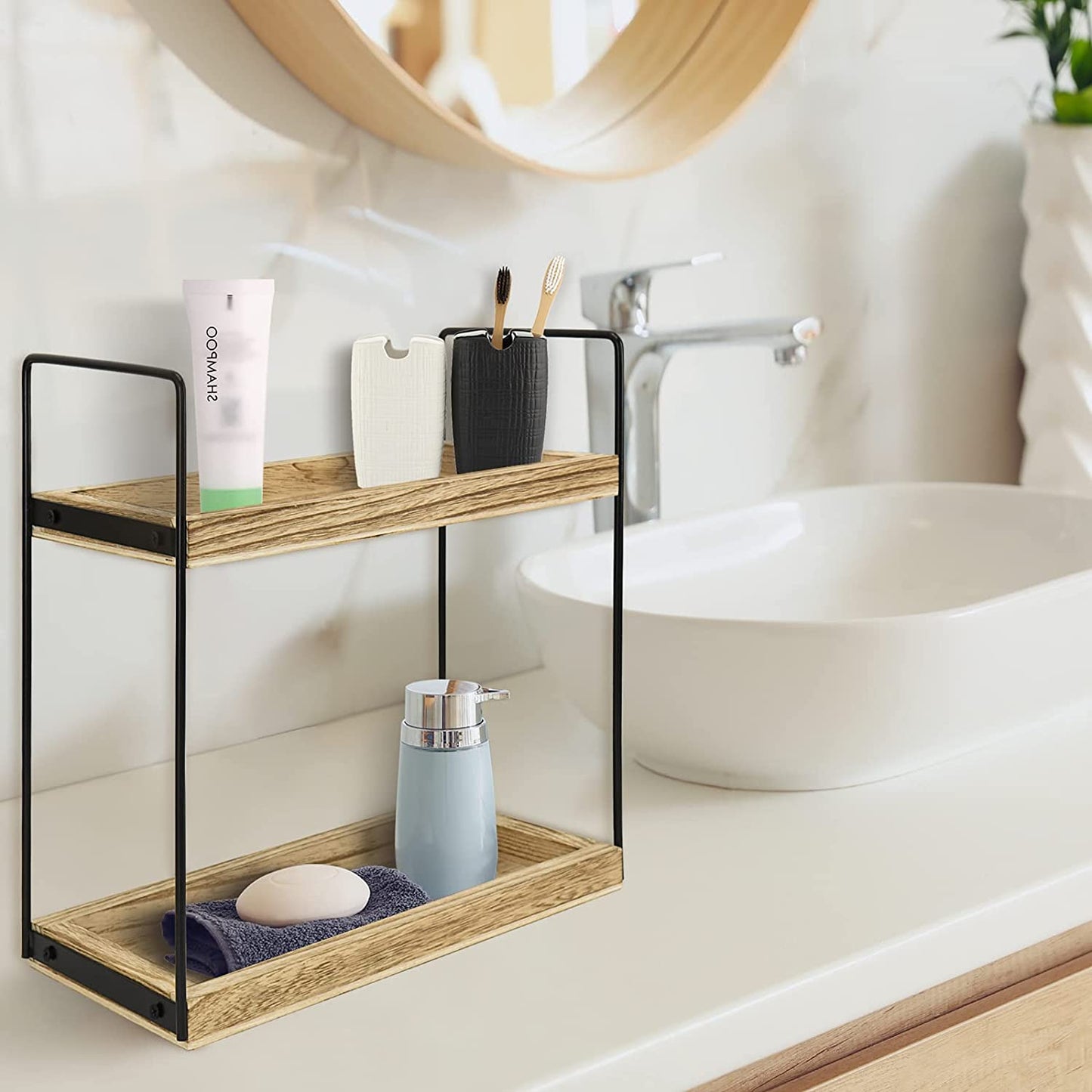 2 Tier Bathroom Countertop Organizer, Counter Standing Rack Cosmetic Holder, Countertop Storage Shelf Cosmetic Organizer Holder, Detachable Kitchen Spice Rack Wire Basket Storage Counter Shelf…