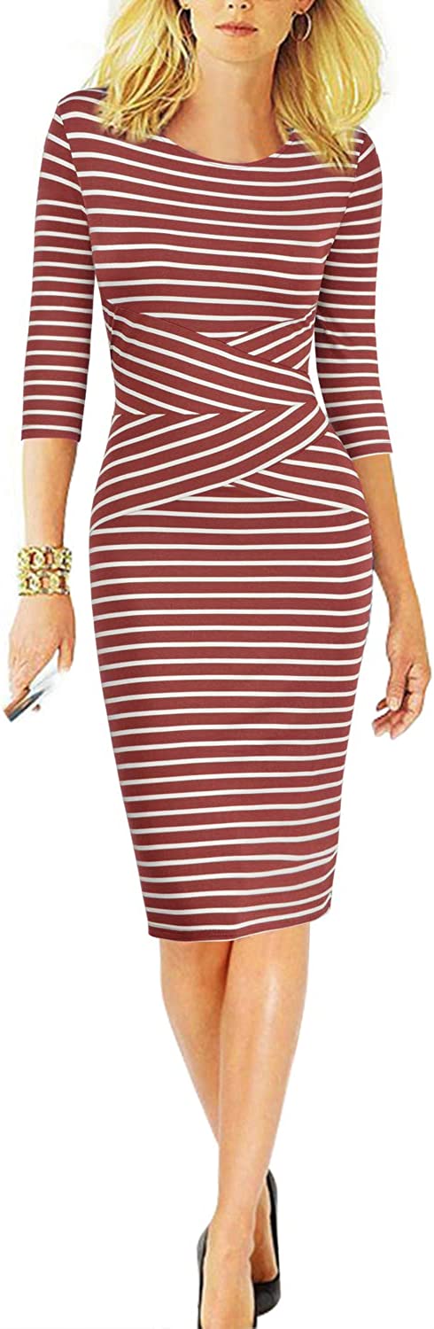 Women 3/4 Sleeve Striped Wear to Work Business Cocktail Pencil Dress