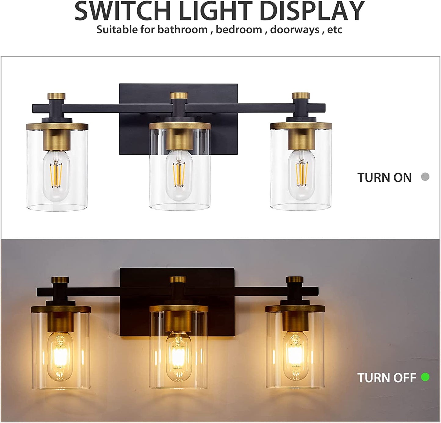 3 Light Bathroom Vanity Light Fixtures, Modern Black and Gold Vanity Lights Over Mirror, Vintage Wall Sconce with Clear Glass Shade, Brushed Gold Vanity Lights for Bathroom