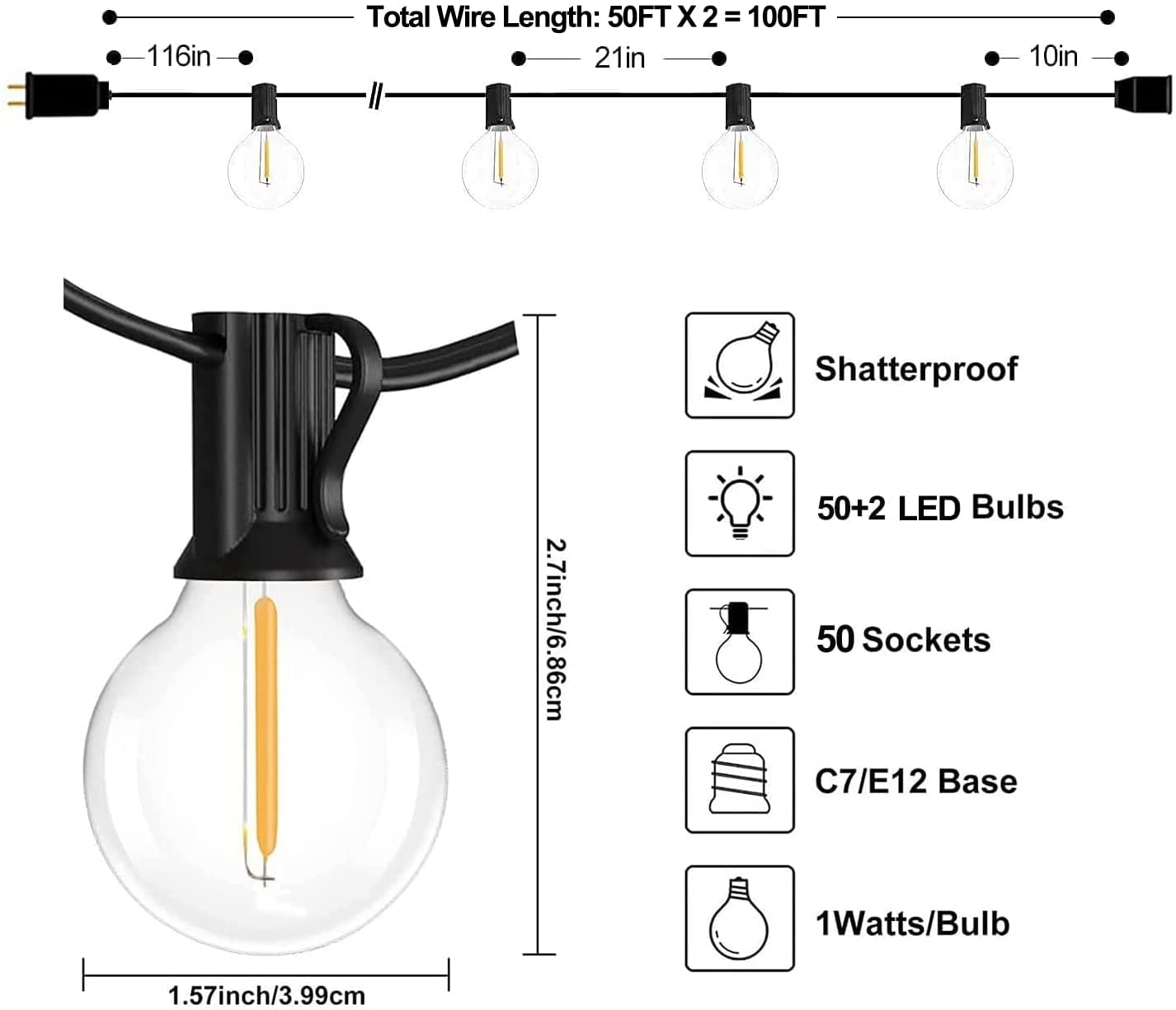 LED Outdoor String Lights Waterproof - 100FT 2 Pack Patio Lights with 52 Globe Bulbs, Connectable Commercial Hanging Lights for Outside Backyard Balcony Party