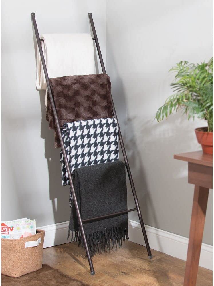 mDesign Metal Free Standing Bath Towel Blanket Ladder Storage Organization, Rack for Bathroom, Bedroom, Laundry Room - 2 Pack - Bronze