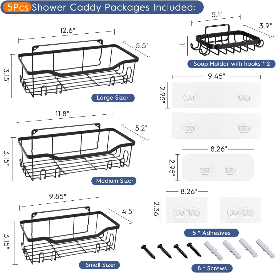 Shower Caddy Sheves, [ 5 Pack ] Adhesive Bathroom Shelf Organizer with Soap Holder, No Drilling Wall Mounted SUS 304 Stainless Steel Shower Wall Shelves, Rustproof Storage Basket Rack for Home Bathroom Kitchen Toilet (Matte Black)