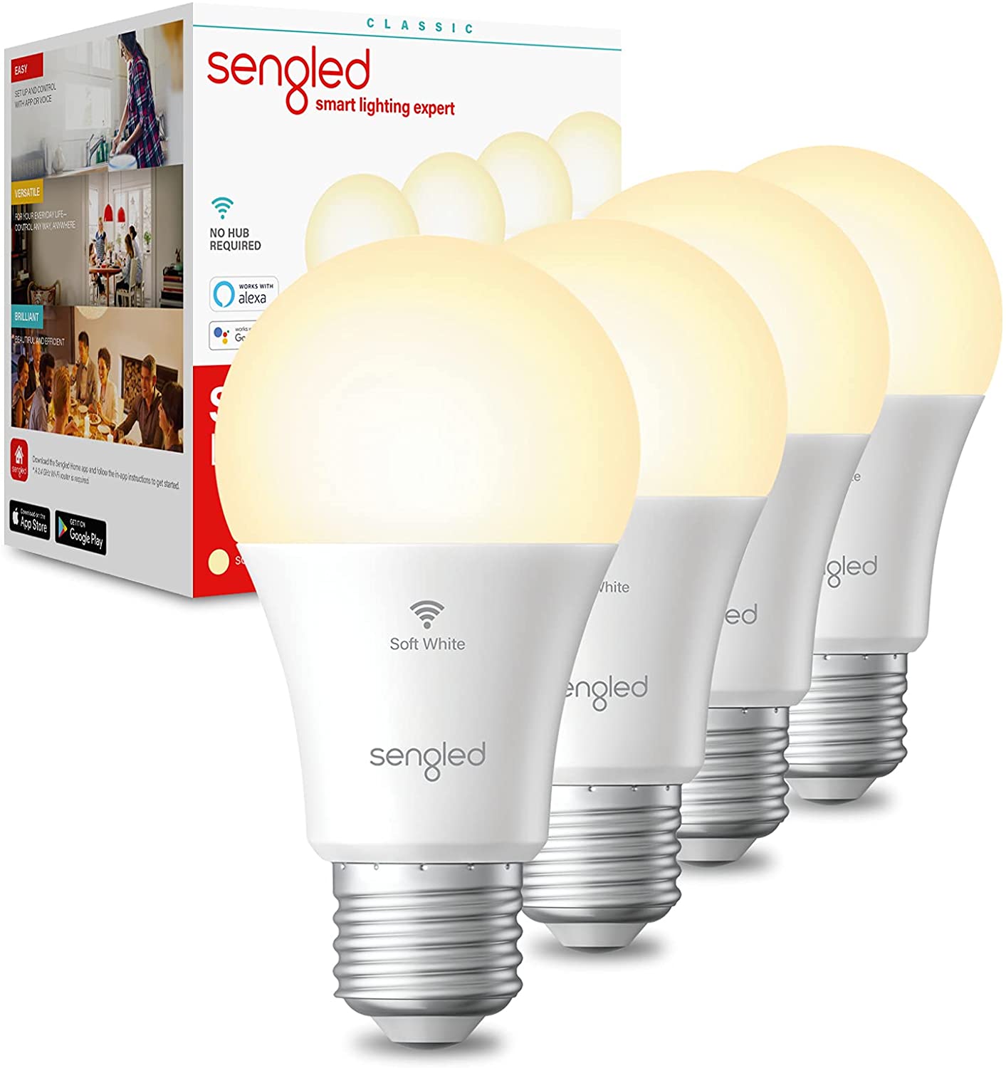 Sengled Alexa Light Bulb, WiFi Light Bulbs, Smart Light Bulbs, Smart Bulbs that Work with Alexa & Google Assistant, A19 Soft White (2700K) No Hub Required, 800LM 60W Equivalent High CRI>90, 4 Pack