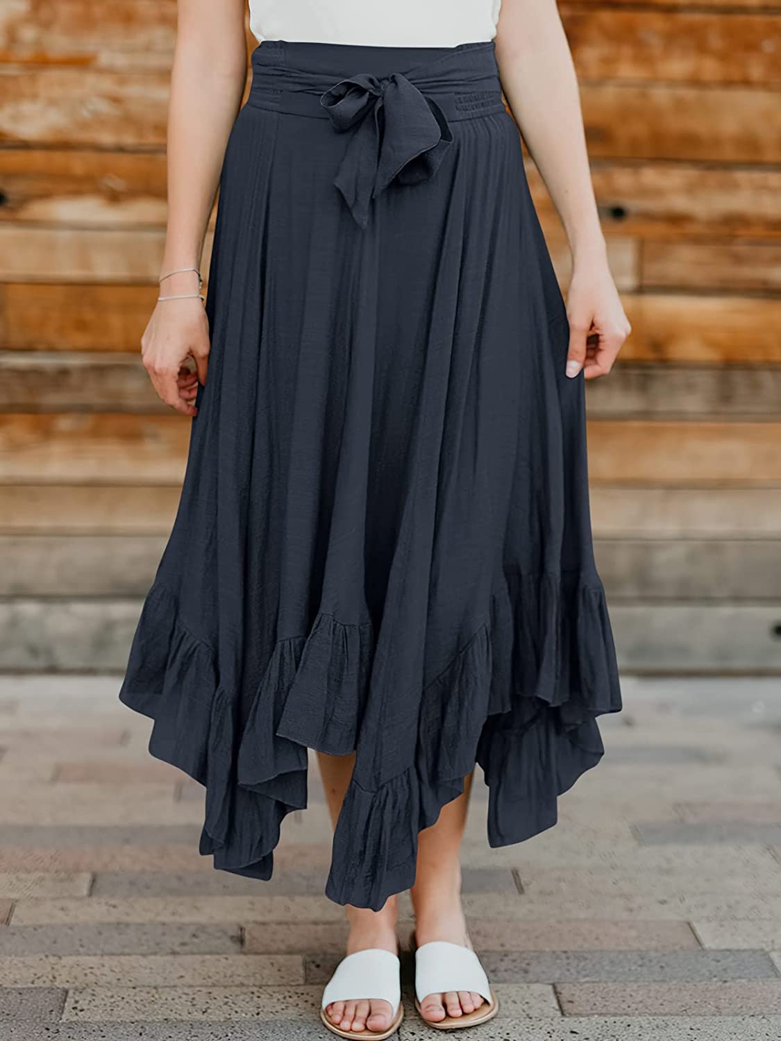 Women’s Maxi Skirt High Waist Tie Front Pleated Flowy Ruffle Asymmetric Long Skirts
