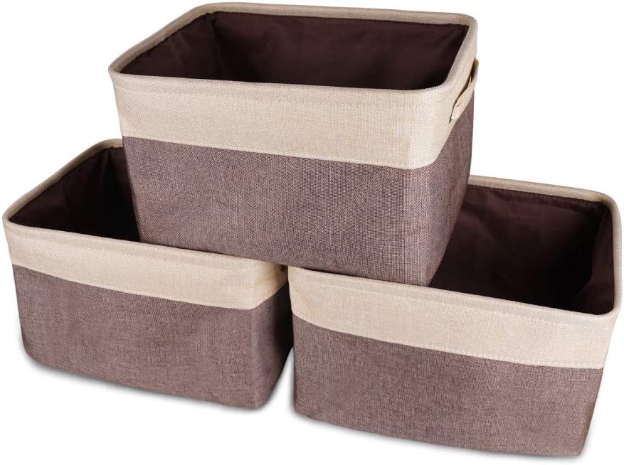 HOSEN Storage Basket Set 3 Pack Large 14 L x 10 W x 9 H - Collapsible Cotton Basket with 2 Handles Organizer Basket Bin Box for Organizing Shelf Nursery Home Closet (Coffee)