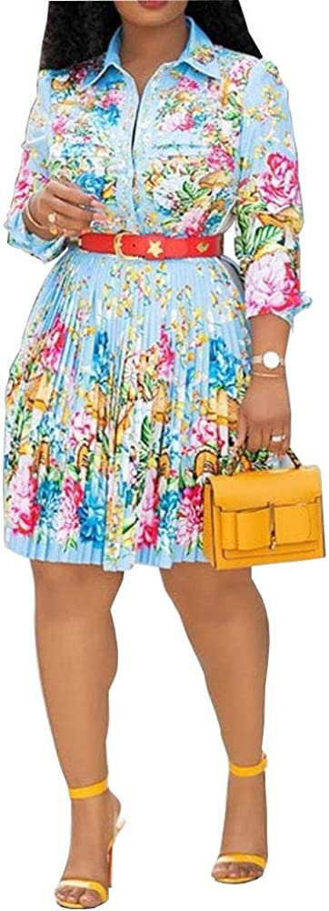 Lapel Three-Quarter Sleeve Knee Length Pleated Floral Women's Sheath Dress