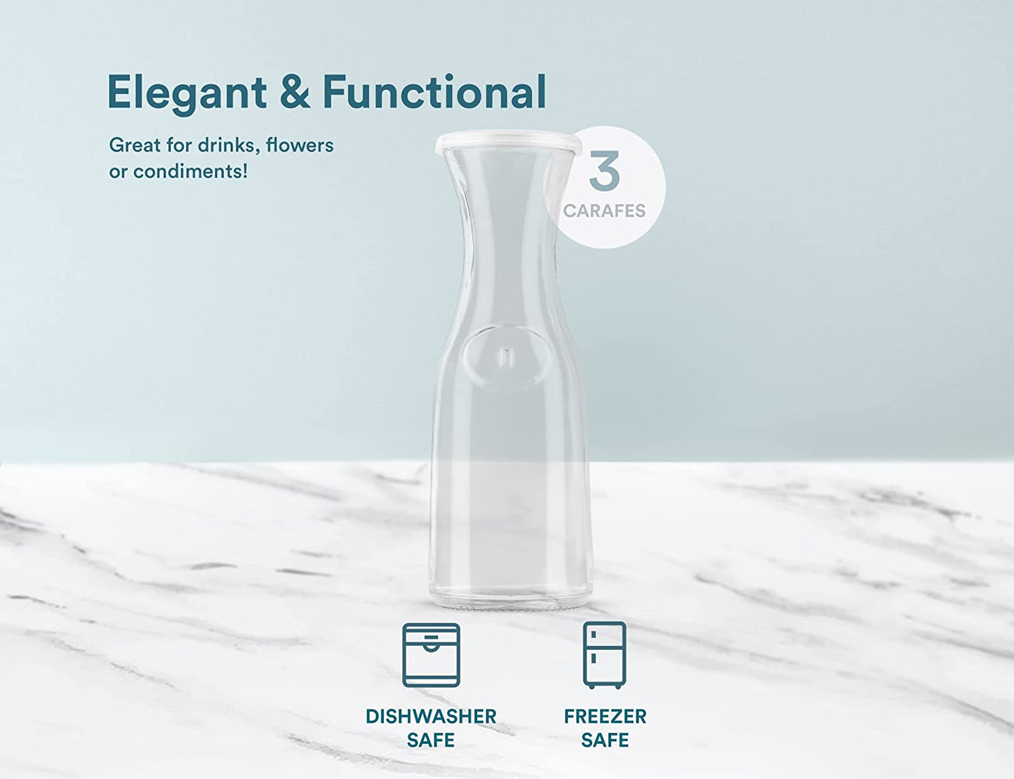 Glass Carafe Pitchers, Beverage Dispensers, Clear Jugs For Mimosa Bar, Water, Wine, Milk and Juice, with Plastic Lids, Dishwasher Safe, 35 oz, Set of 3