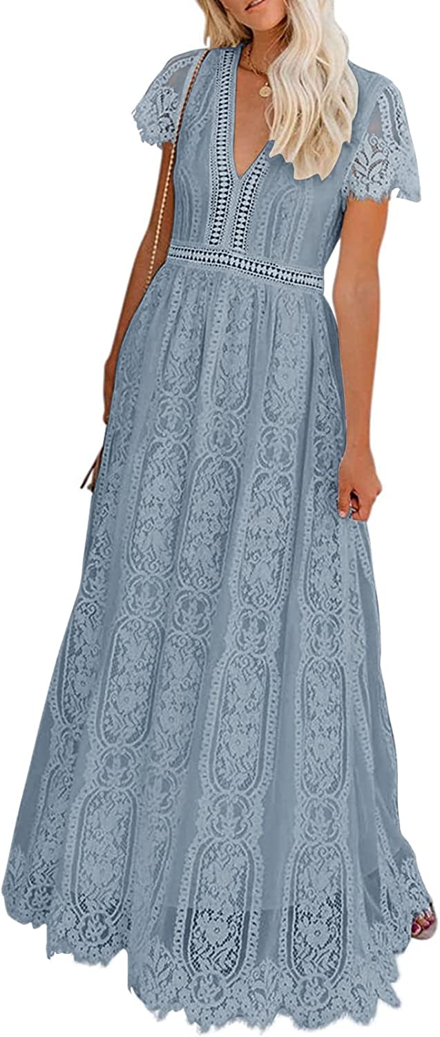 Women's V Neck Short Sleeve Floral Lace Wedding Dress Bridesmaid Cocktail Party Maxi Dress