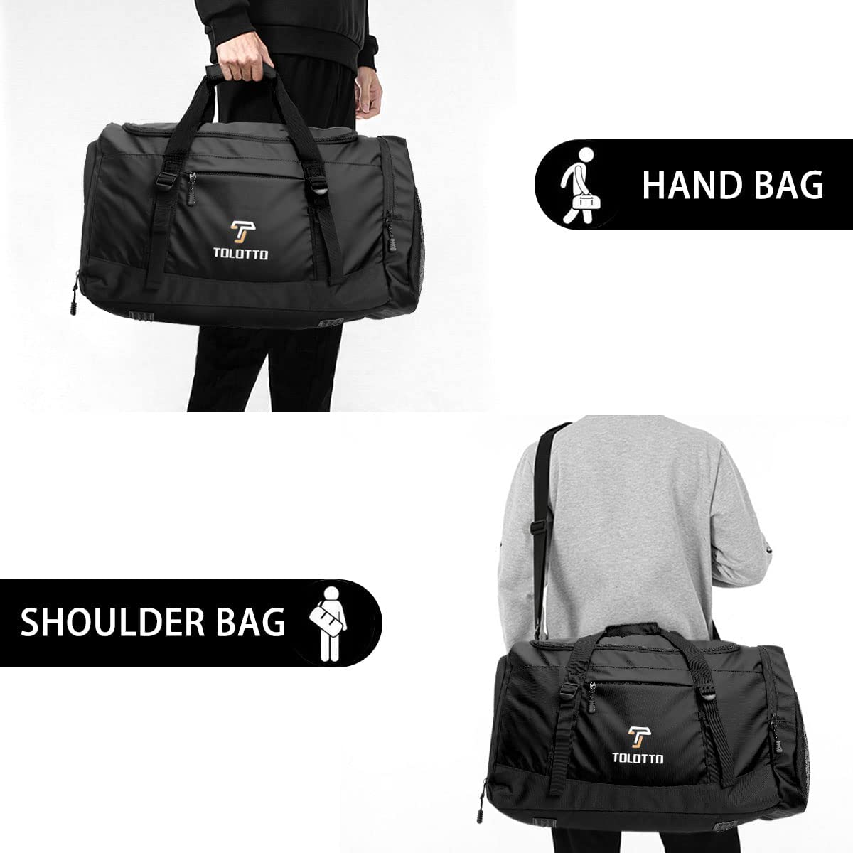 Sport Gym Bag for Men, Tolotto Travel Duffel Bag with Wet Pocket & Shoes Compartment for Men/Women - Carry on Shoulder Weekender Bag, Lightweight & Waterproof (Black)