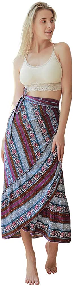 ForeMode Women Boho Print High Waist Side Wrap Bohemian Asymmetric Hem Maxi Long Skirt One Size