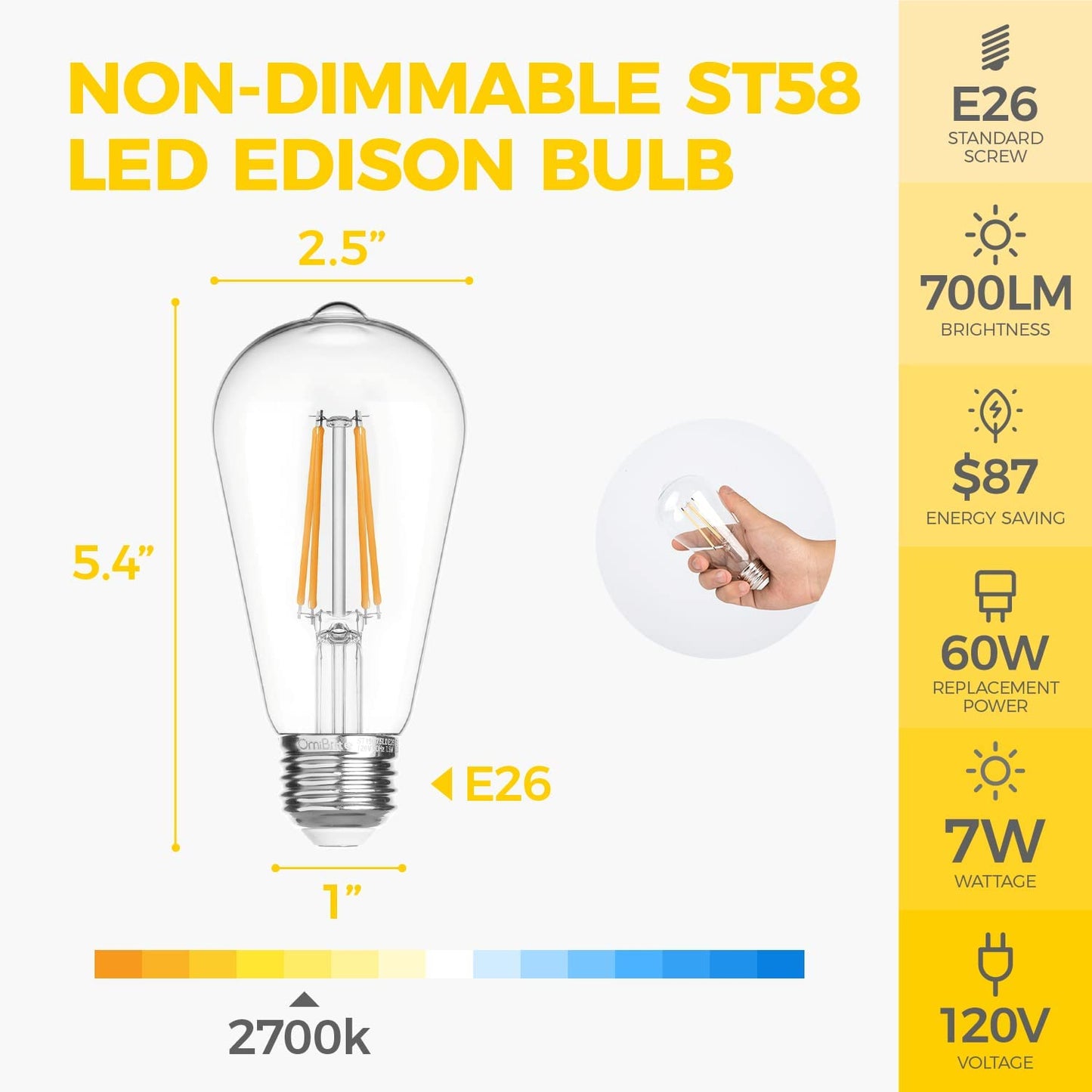 OLed Light Bulbs, Vintage Bright Light Bulbs 60 Watt Equivalent, Non-dimmable Incandescent Daylight Bulbs, Warm White 2700K, CRI 90 Eye Protection, E26/E27 Base, ST64 (6 Pack)