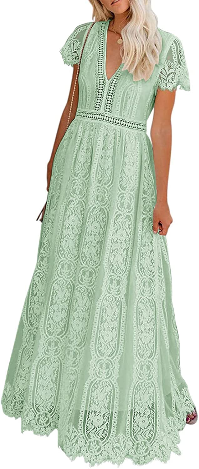 Women's V Neck Short Sleeve Floral Lace Wedding Dress Bridesmaid Cocktail Party Maxi Dress