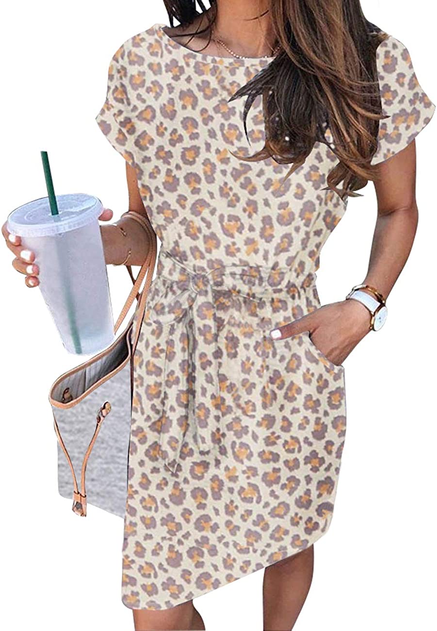 Women's Summer Striped Short Sleeve T Shirt Dress Casual Tie Waist Midi Dress