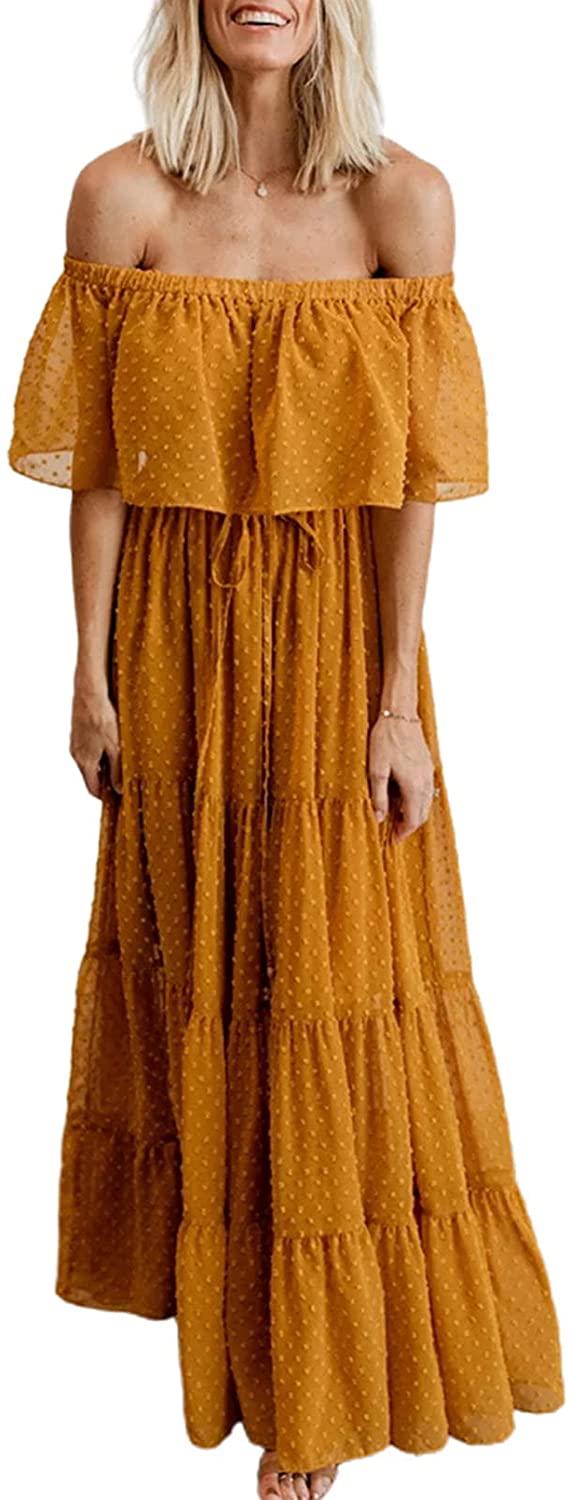 Womens Casual Floral Lace Swiss Dots Off The Shoulder Long Evening Dress Cocktail Party Maxi Wedding Dresses
