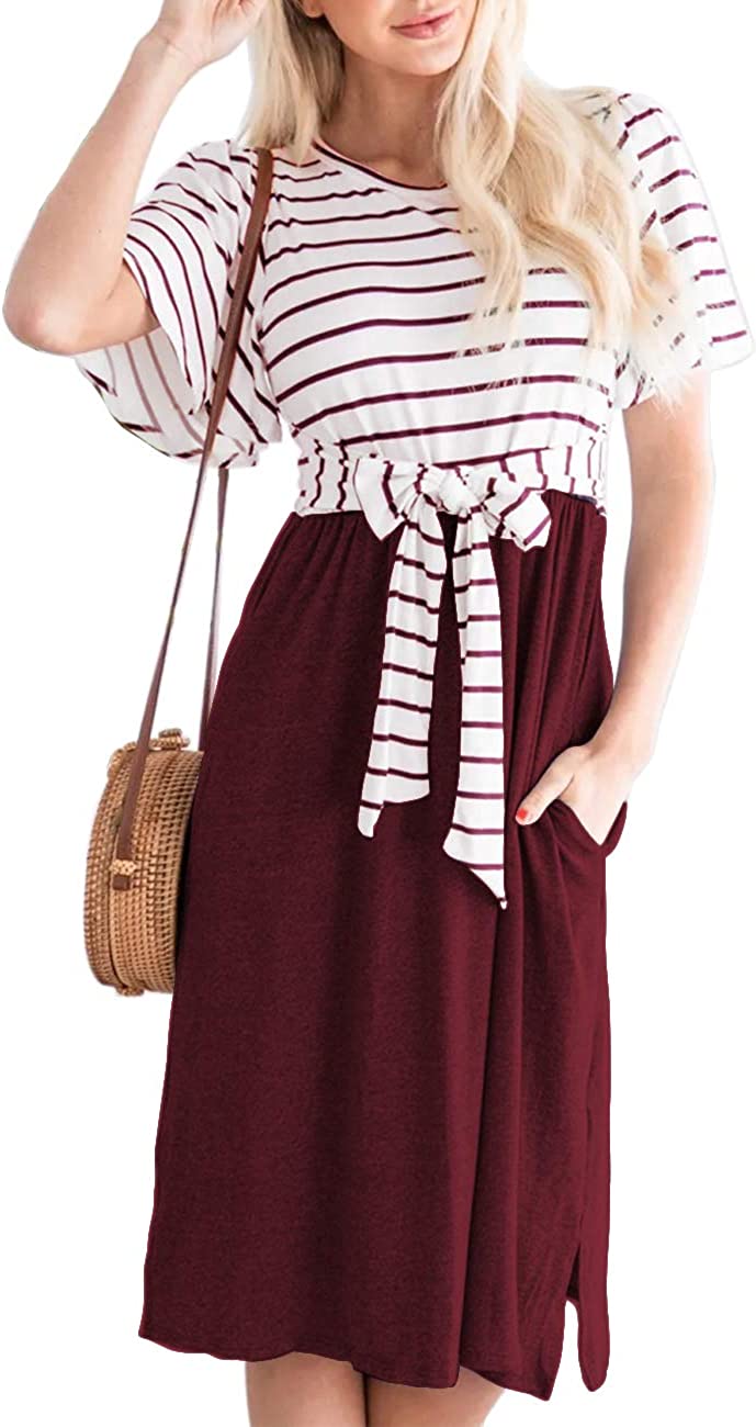 Women's Summer Striped Ruffle Sleeves Tie Waist Pockets Casual Swing Midi Dress