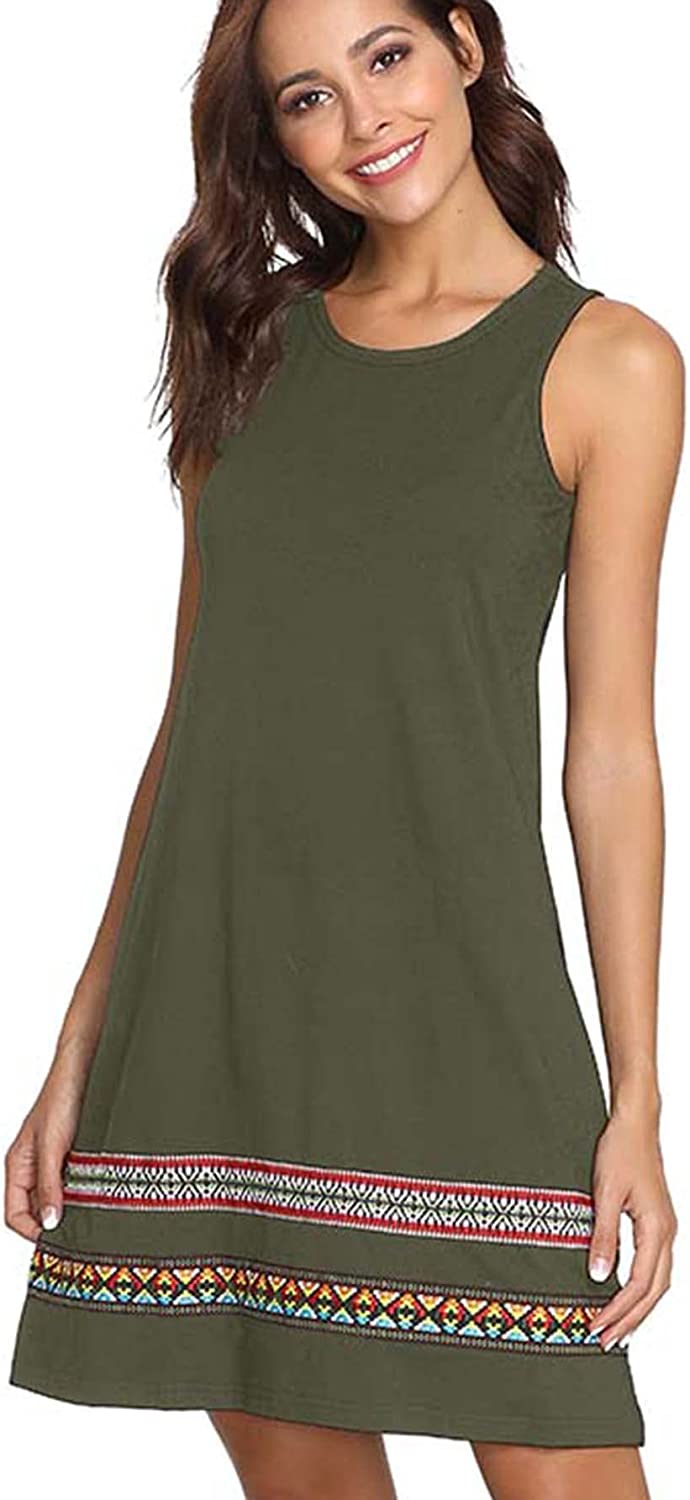 Women's Summer Boho Sleeveless Embroidered Hem Loose Casual Tank Dress
