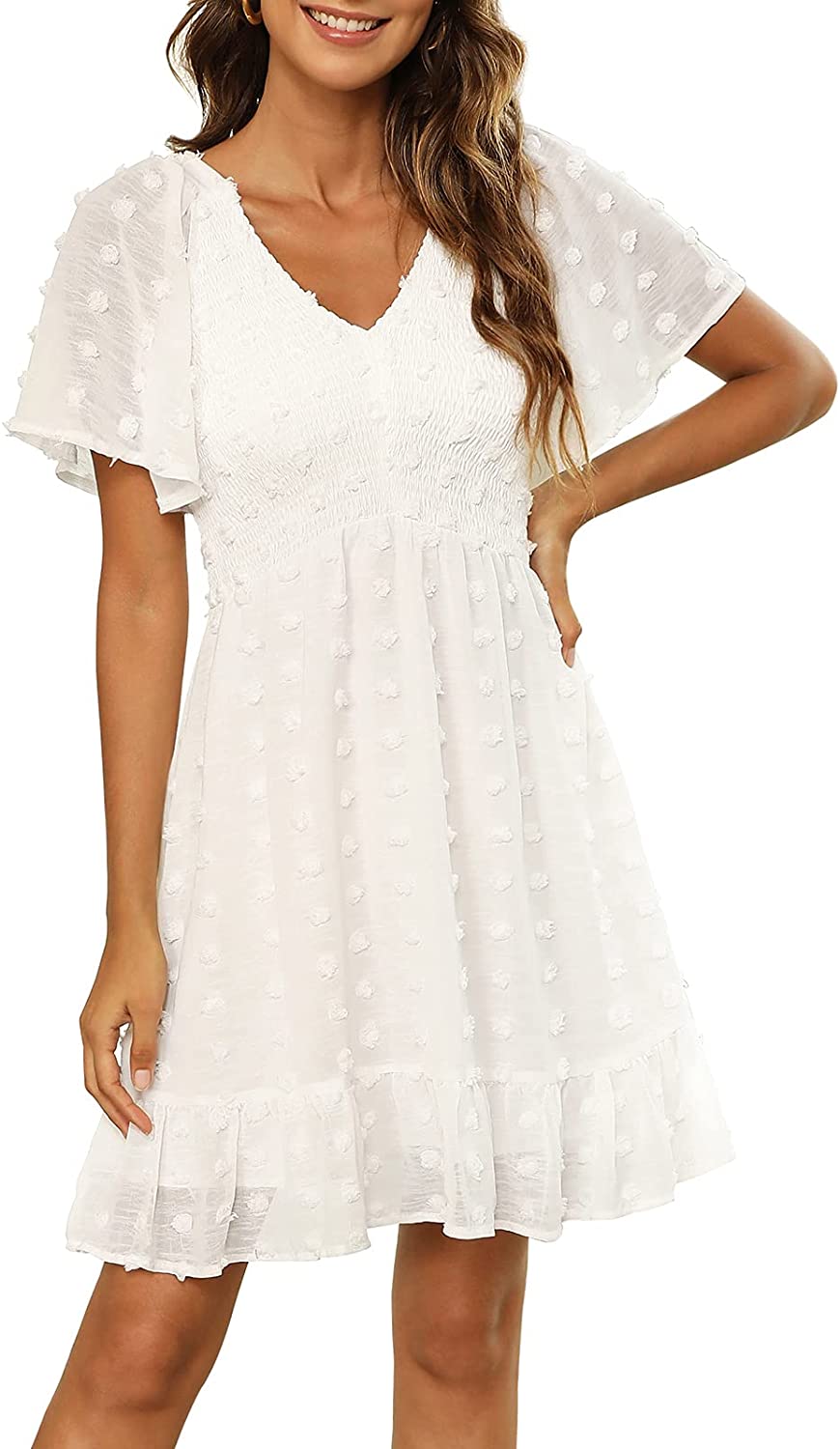 Womens Smocked Flutter Sleeve V Neck Ruffle Mini Swiss Dot Babydoll Dress