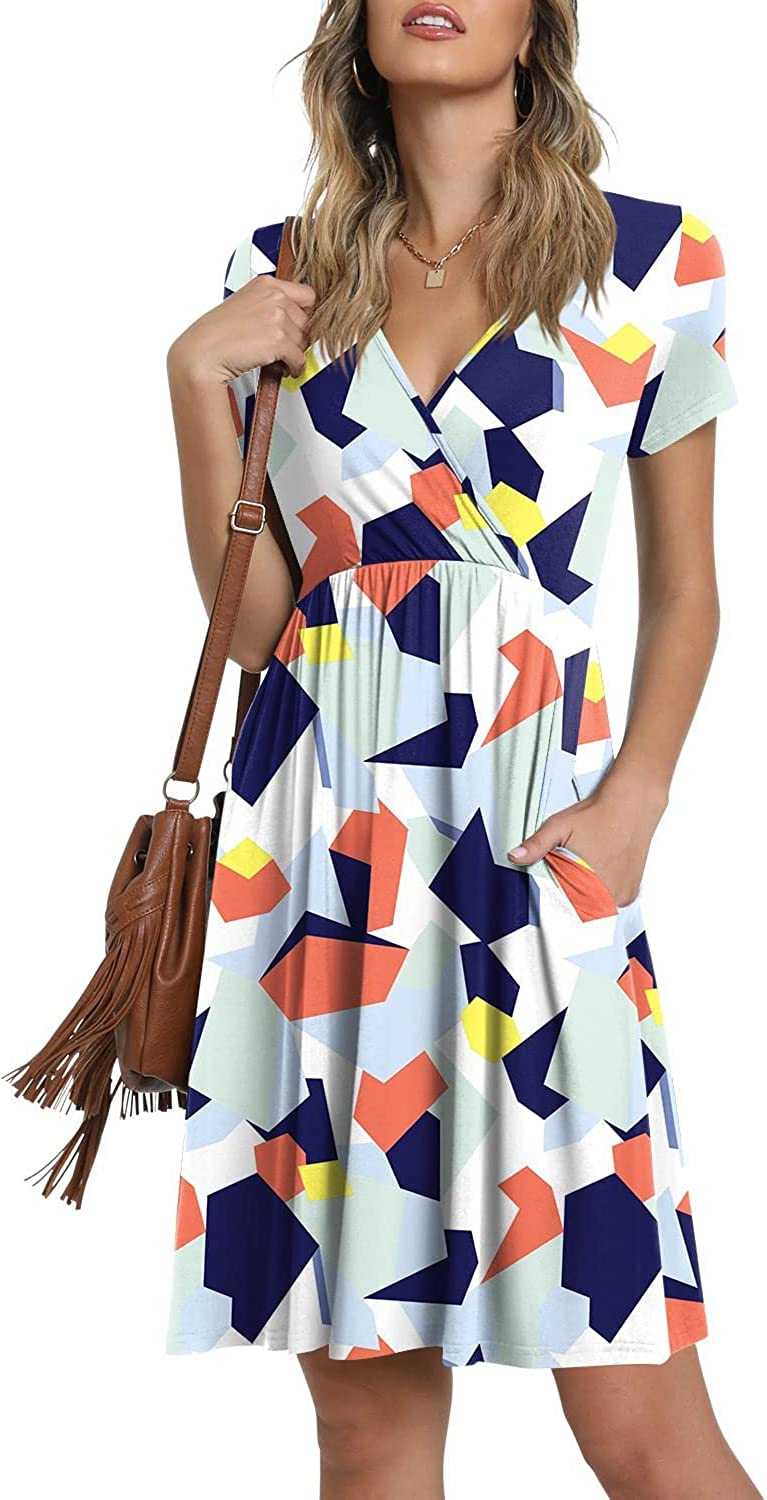 Summer Women's V Neck Dress, Printed Short Sleeve Neck Dress, Casual Loose Floral Beach Dress, Swing A-Line Dresses