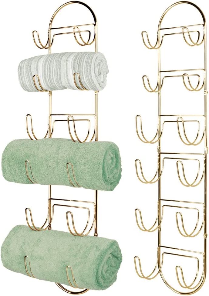 mDesign Steel Wall Mount Towel Rack with 6 Compartments - Towel Holder and Towel Storage Shelf Organizer for Bathroom, Powder Room - Concerto Collection - 2 Pack - Soft Brass