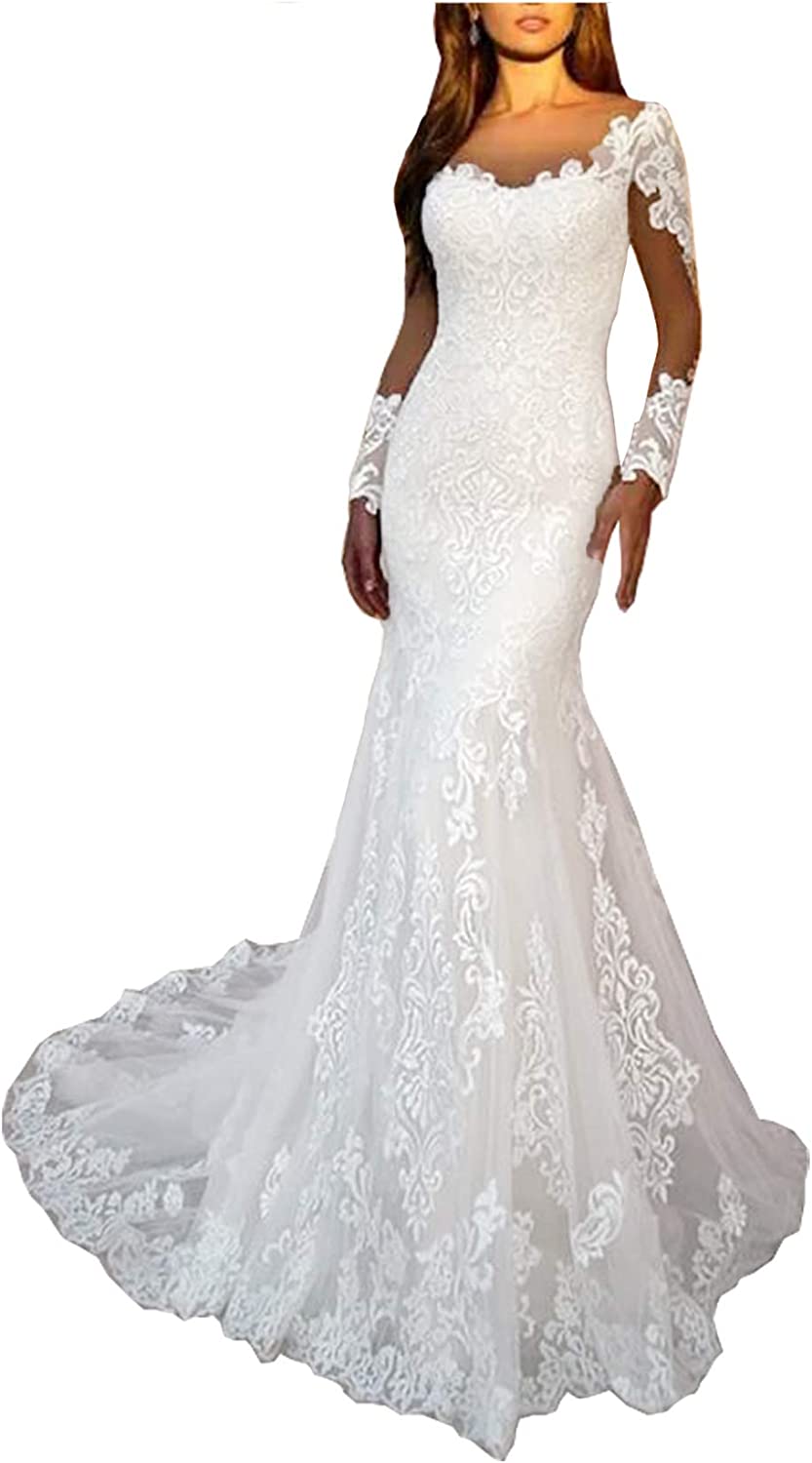 Women's Lace Chiffon Beach Wedding Dresses for Bride 2022 with Sleeves Long Bridal Gown