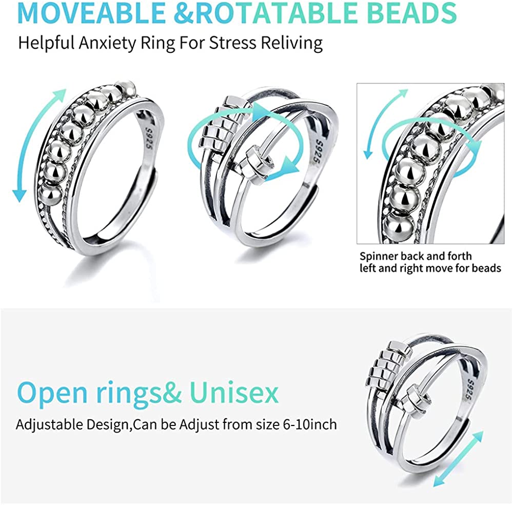 2Pcs Anti Anxiety Rings For Women Men, Fidget Band Ring with Beads Spinner Rings for Anxiety, Unisex Adjustable Stacking Spinning Worry Ring Size 6-10 (Silver)