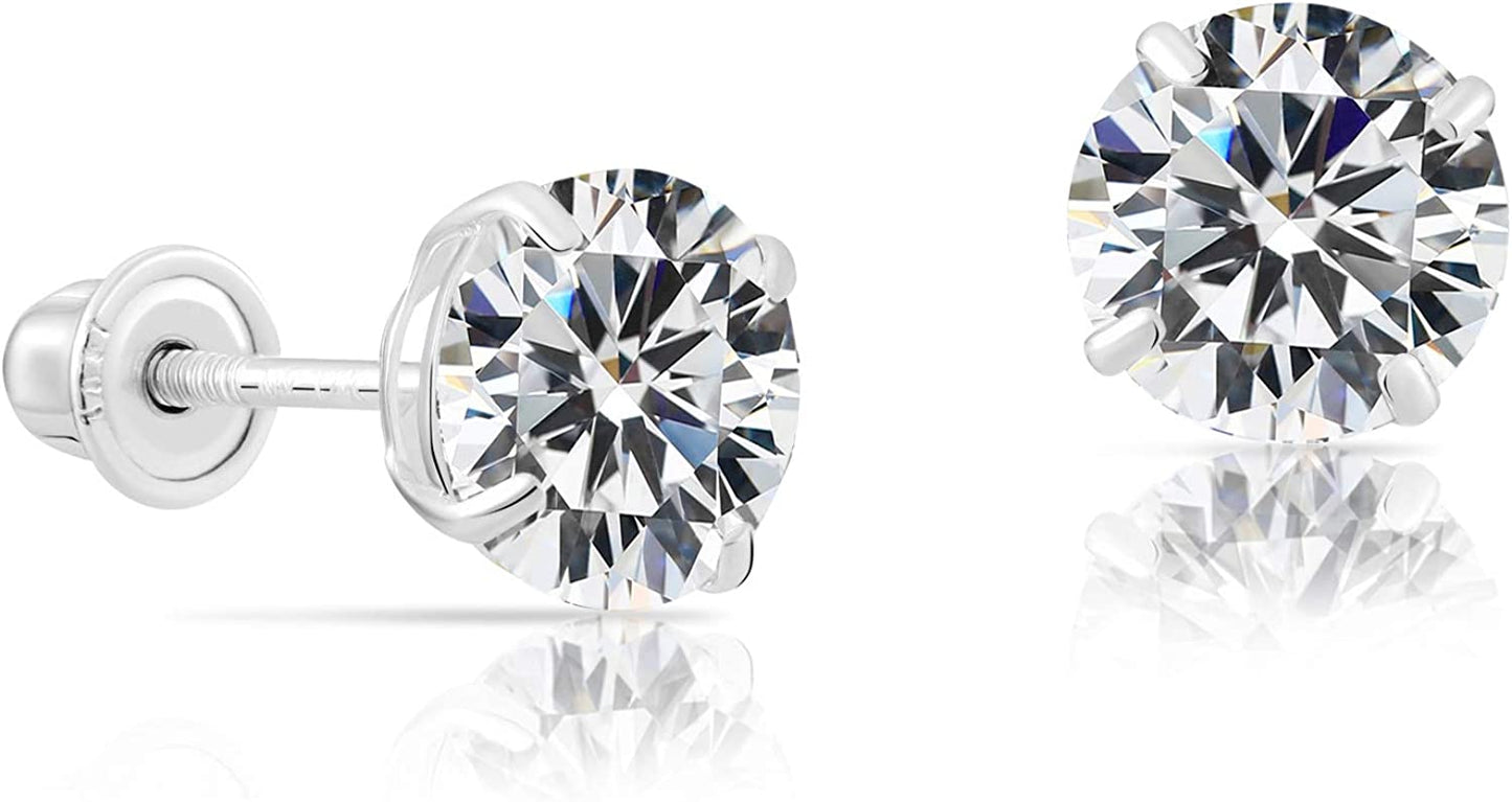 14k White Gold Solitaire Round Cubic Zirconia CZ Stud Earrings in Secure Screw-backs
