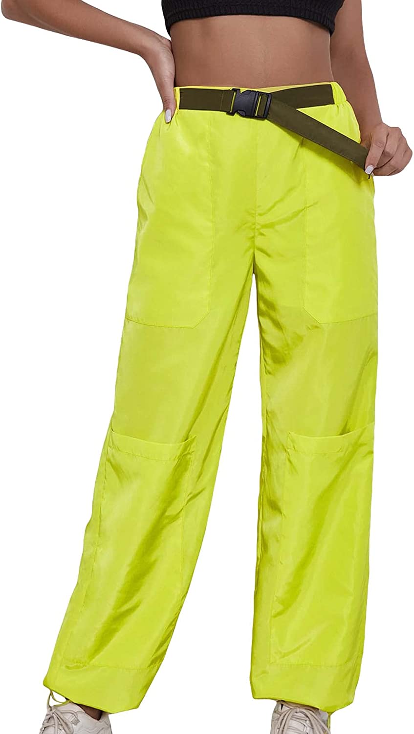 Women's Drawstring Pockets Casual Neon Joggers Baggy Cargo Pants