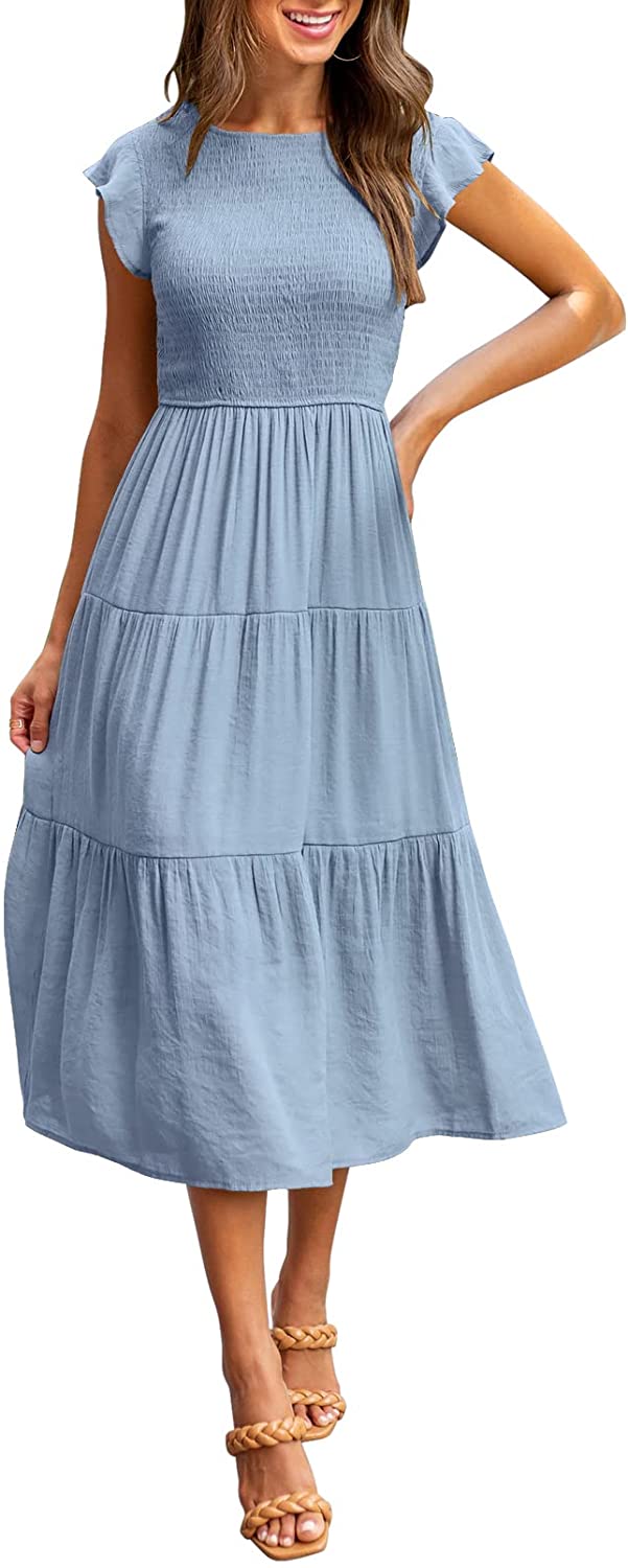 Women's Summer Casual Midi Maxi Dress Boho Flutter Sleeve Smocked A-Line Long Dress