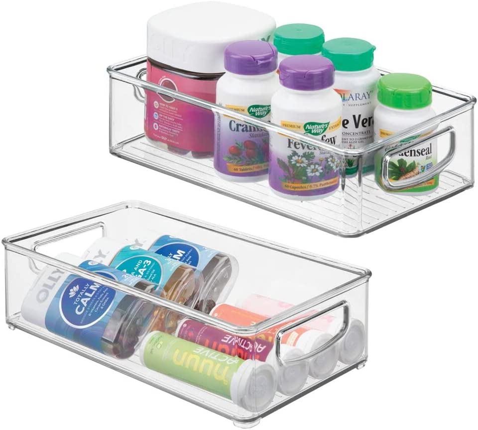 mDesign Plastic Bathroom Organizer - Storage Holder Bin with Handles for Vanity, Cupboard, Cabinet Shelf, Linen or Hallway Closets, Holds Styling Tools, Beauty Products, or Toiletries - 2 Pack - Clear