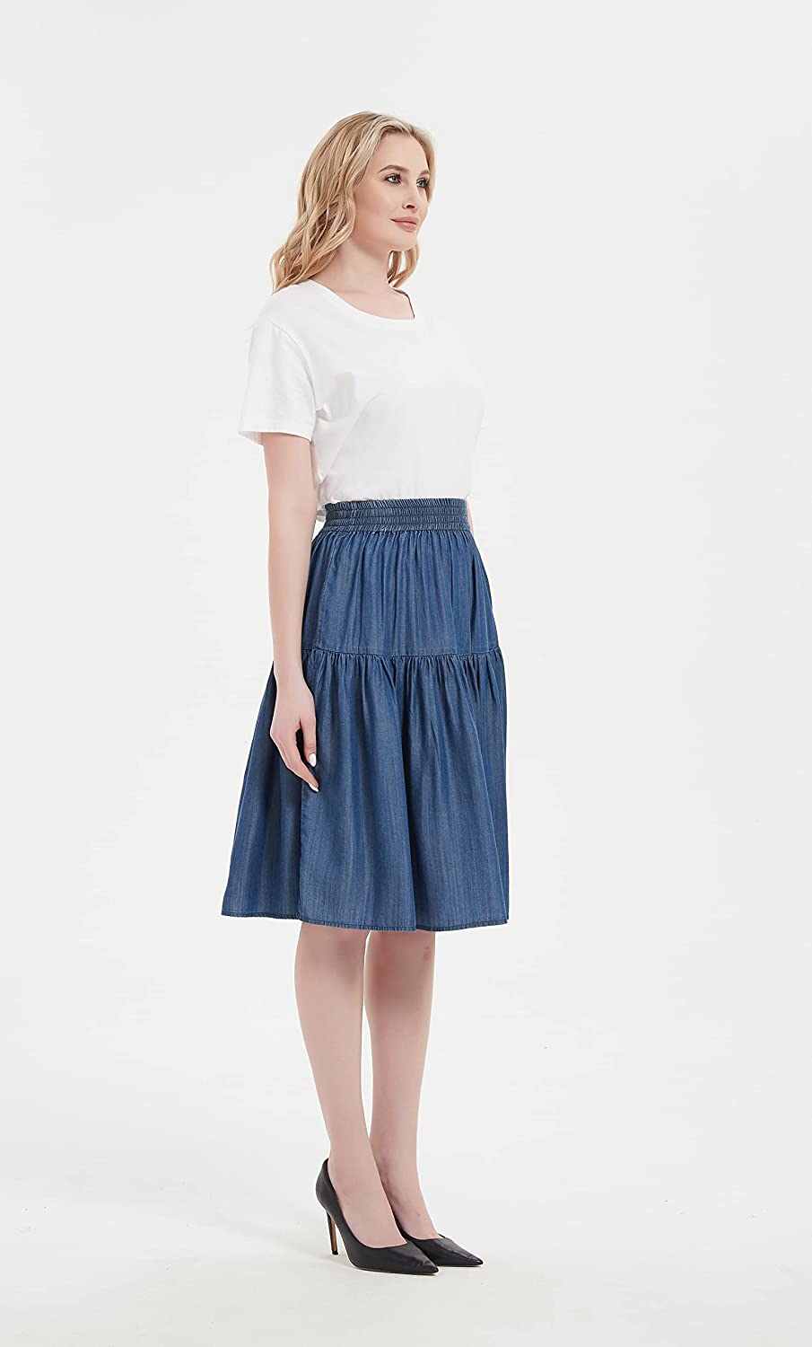 Womens A Line Lightweight Tencel Denim Tiered Short Skirt Knee Length