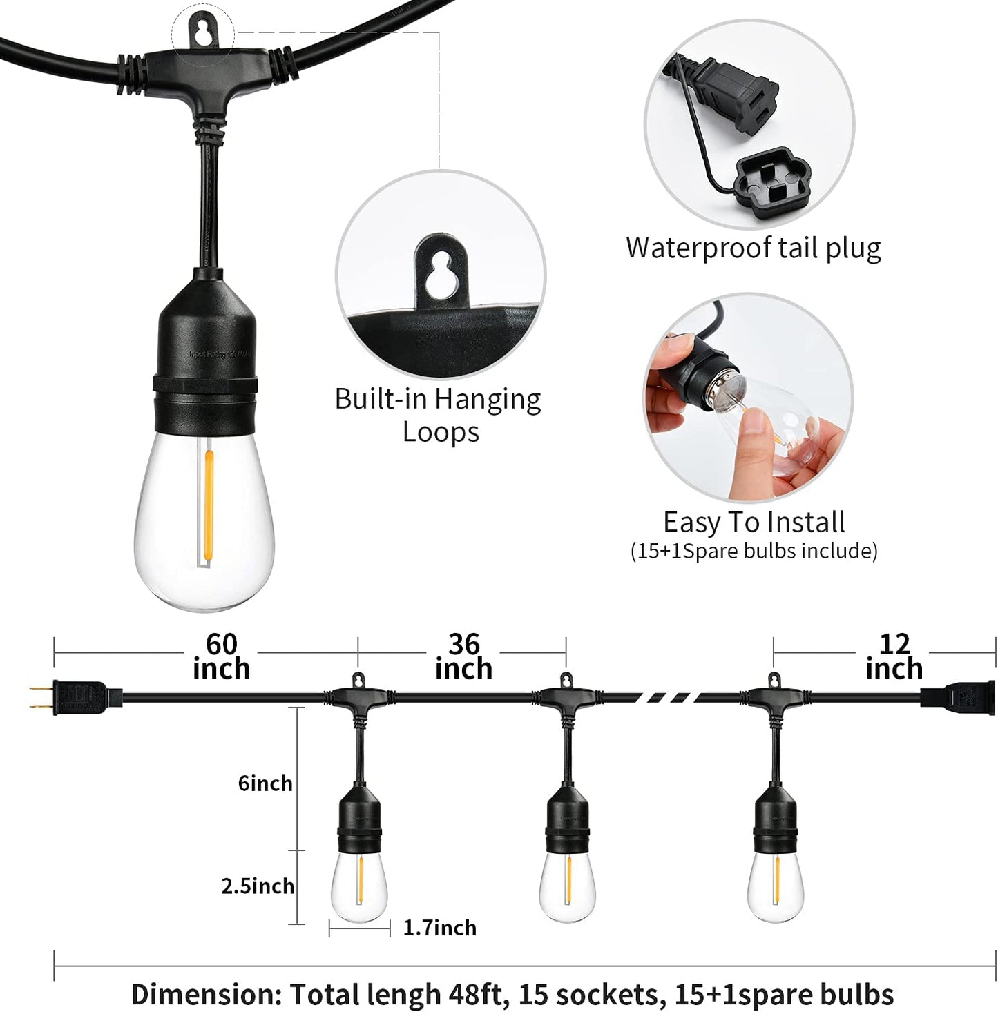 96FT LED Outdoor String Lights,Shatterproof Patio Backyard, Upgrade 2200K Warm Light Ambience,Commercial Grade Weatherproof Outdoor Lights,Heavy-Duty Decorative Café Porch,Bistro Garden,Trees