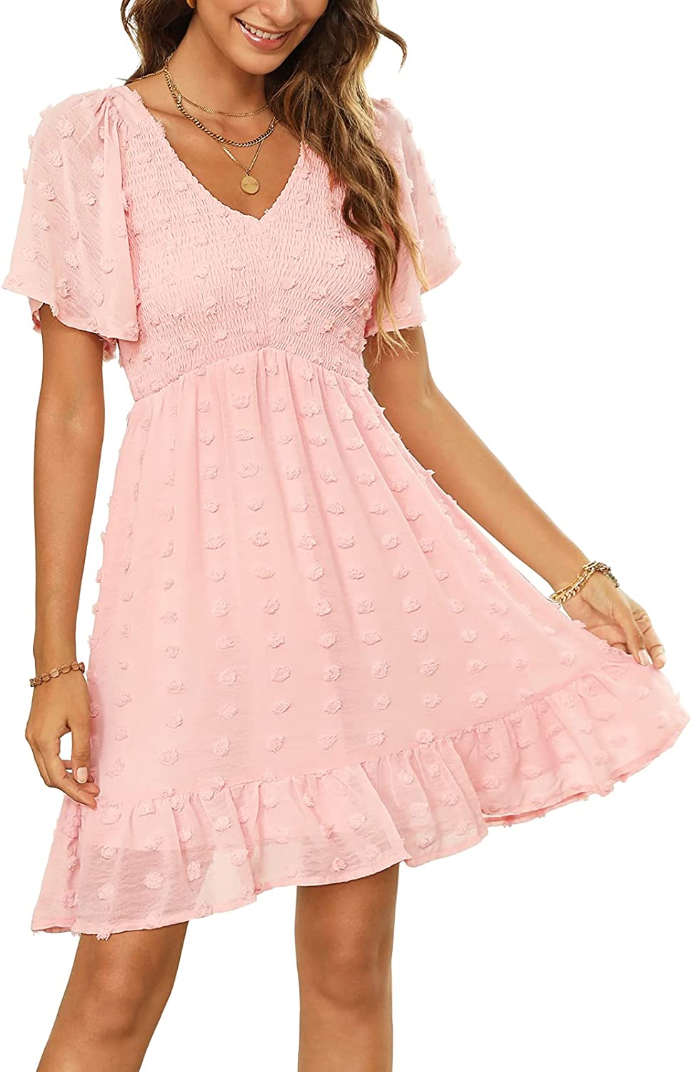 Womens Smocked Flutter Sleeve V Neck Ruffle Mini Swiss Dot Babydoll Dress