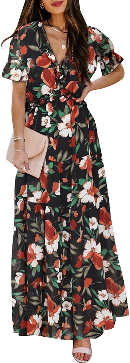 Womens Casual Floral Deep V Neck Long Sleeve Long Evening Dress Cocktail Party Maxi Wedding Dresses