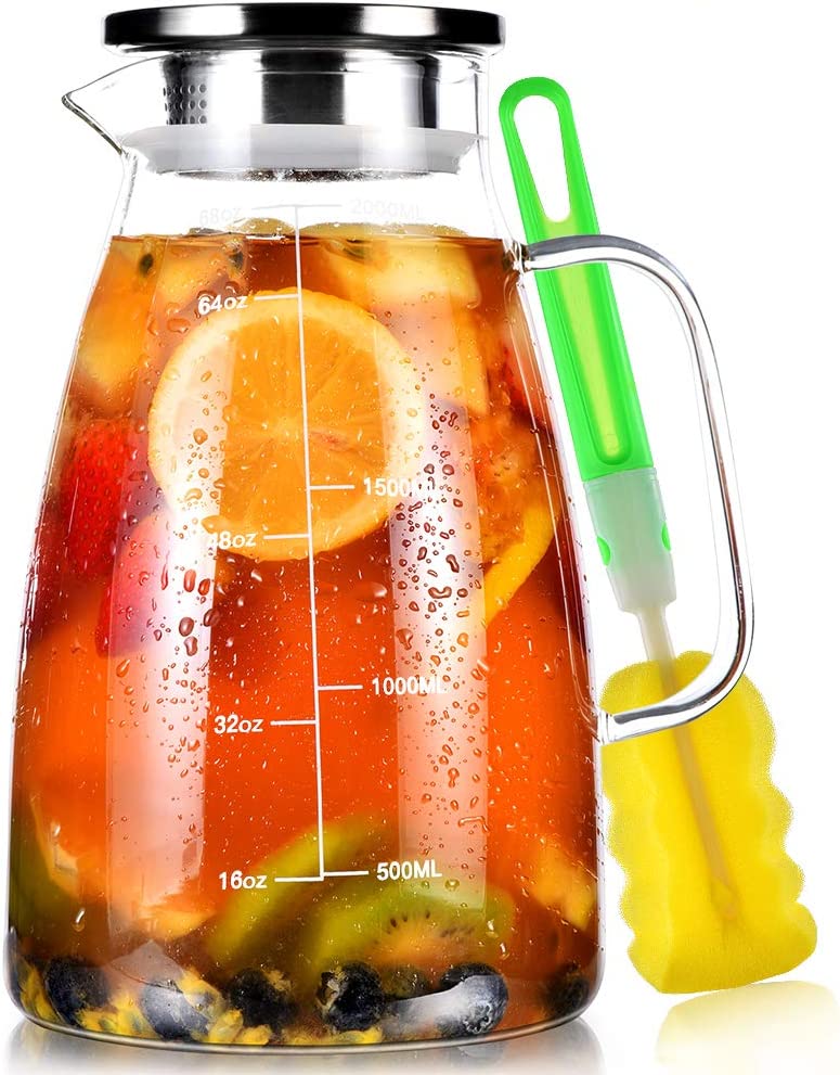 Glass Pitcher, 68oz Water Pitcher with Lid and Precise Scale Line, 18/8 Stainless Steel Iced Tea Pitcher, Easy Clean Heat Resistant Borosilicate Glass Jug for Juice, Milk, Cold or Hot Beverages