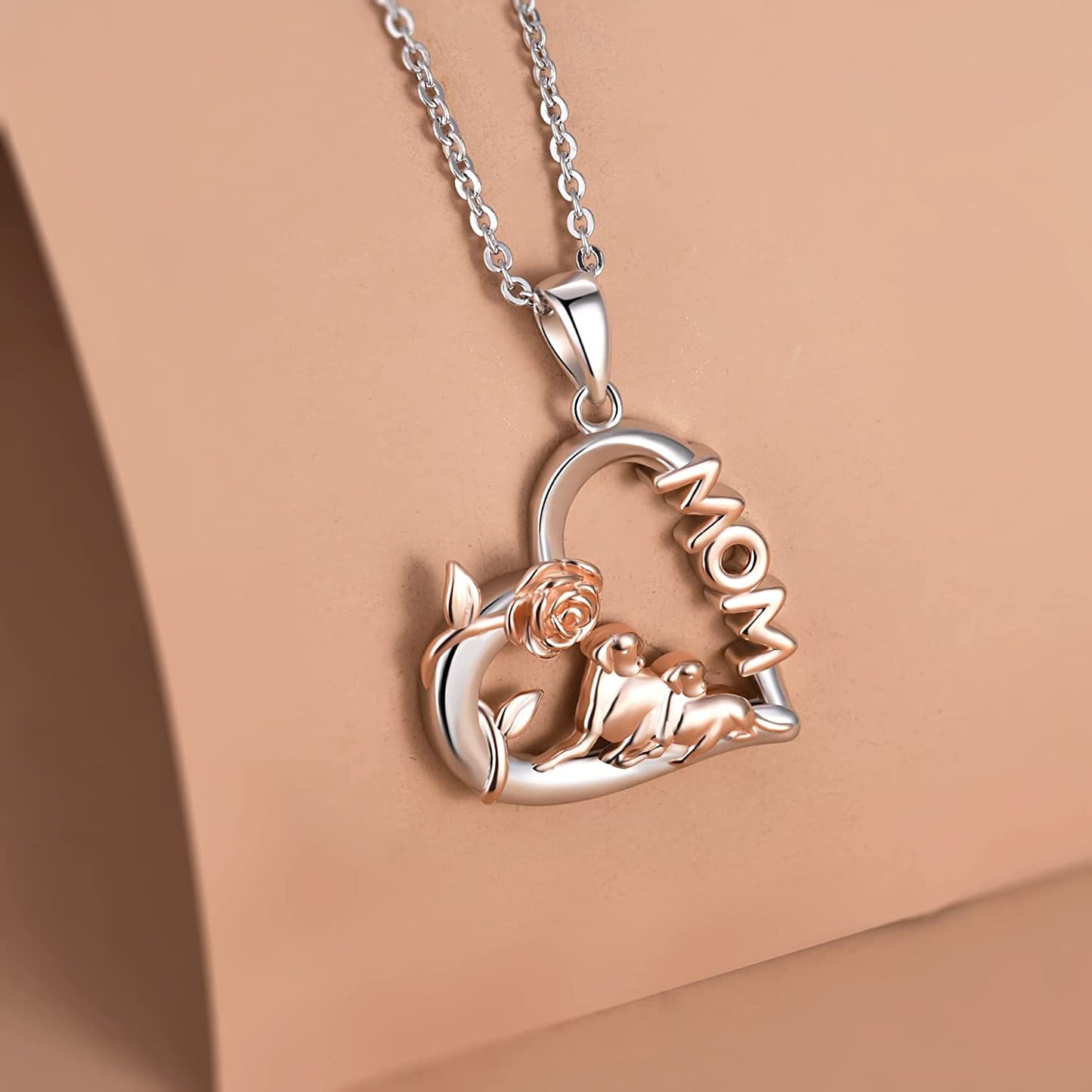 925 Sterling Silver Dog Mom Pendant Necklace Lovely Animal love Heart Necklace Dog Lover Memorial Gifts for Women Mom Wife Daughter Cable Chain 18"-20'' Inches