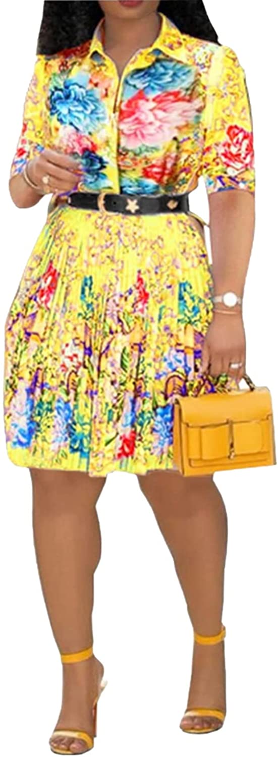 Lapel Three-Quarter Sleeve Knee Length Pleated Floral Women's Sheath Dress
